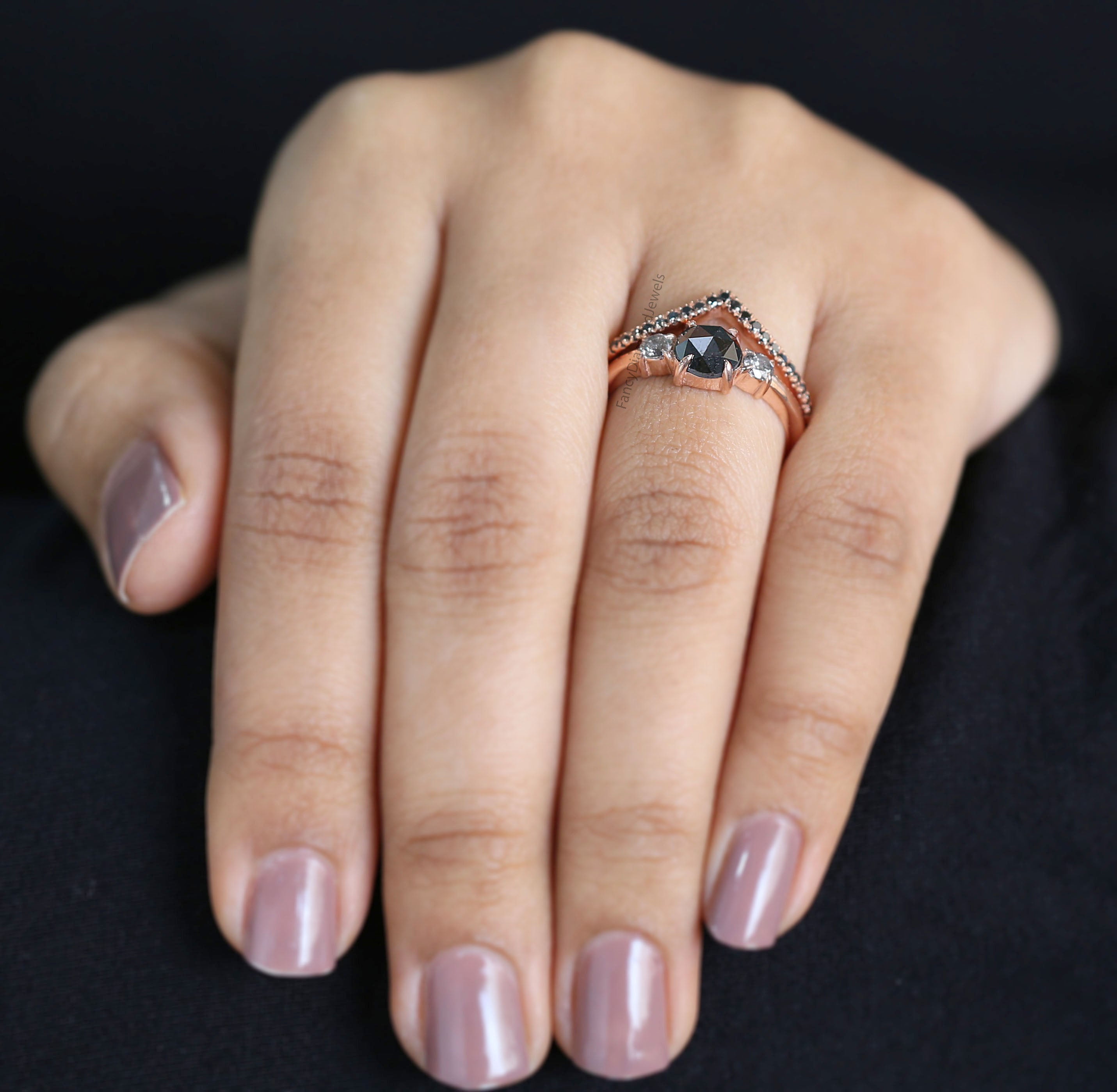 14K Gold 1.30 CTW Vintage Natural Black Diamond Engagement Ring Black Round Twisted Band Wedding Ring Set Bridal Set Gift For Her KD238