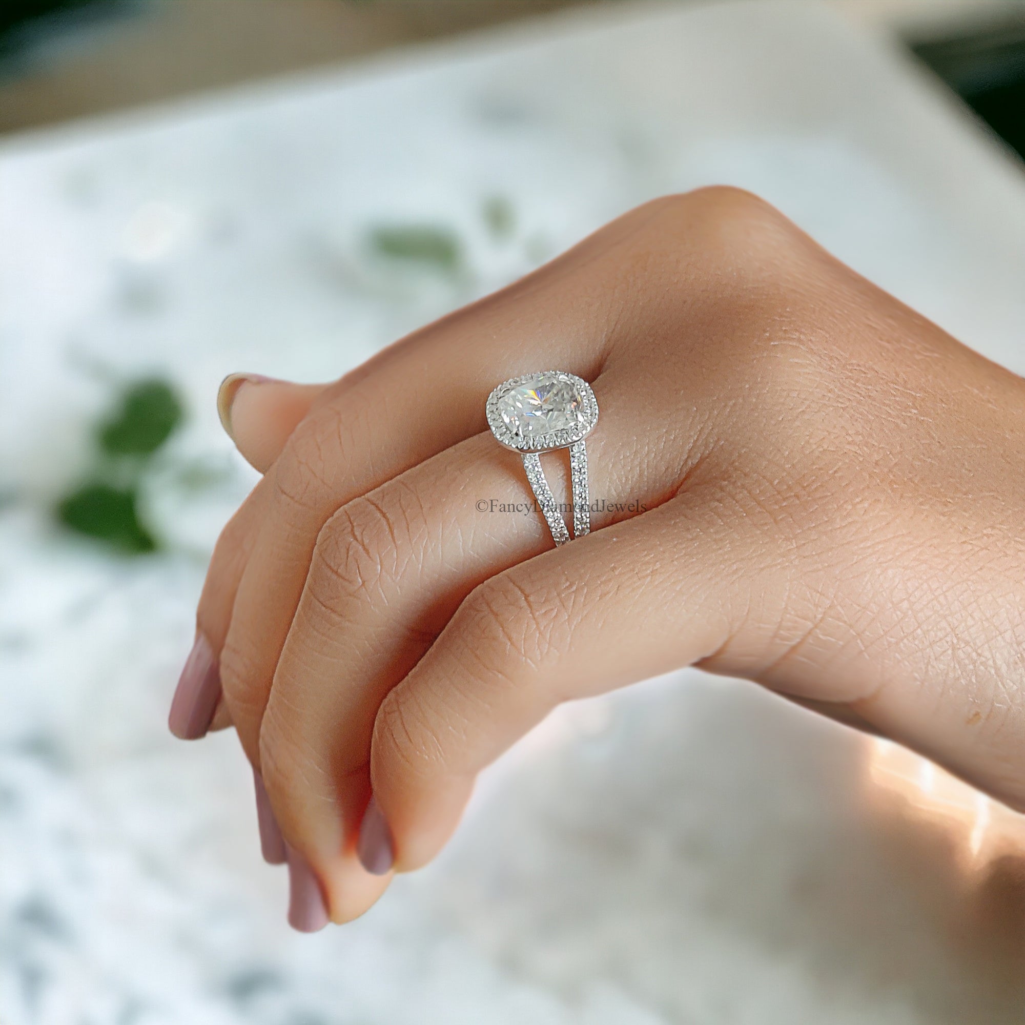 Halo Split Shank Engagement Ring 2.35 TW Cushion Shape Colorless Moissanite Ring Wedding Ring in Solid 10k/14k/18k White Gold Ring FD52