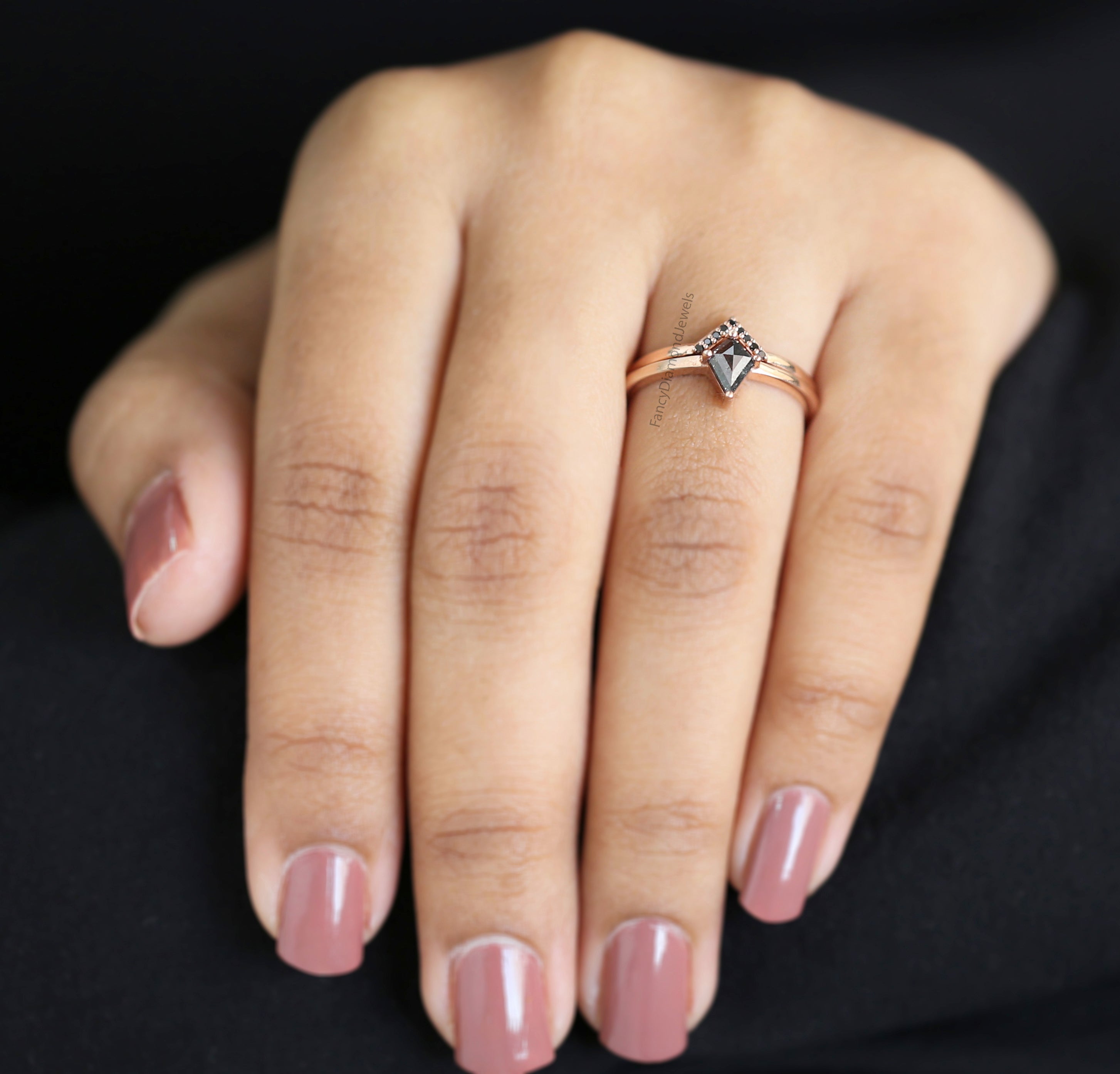Kite Cut Salt And Pepper Diamond Ring 0.41 Ct 6.67 MM Kite Diamond Ring 14K Solid Rose Gold Silver Kite Engagement Ring Gift For Her QN2101