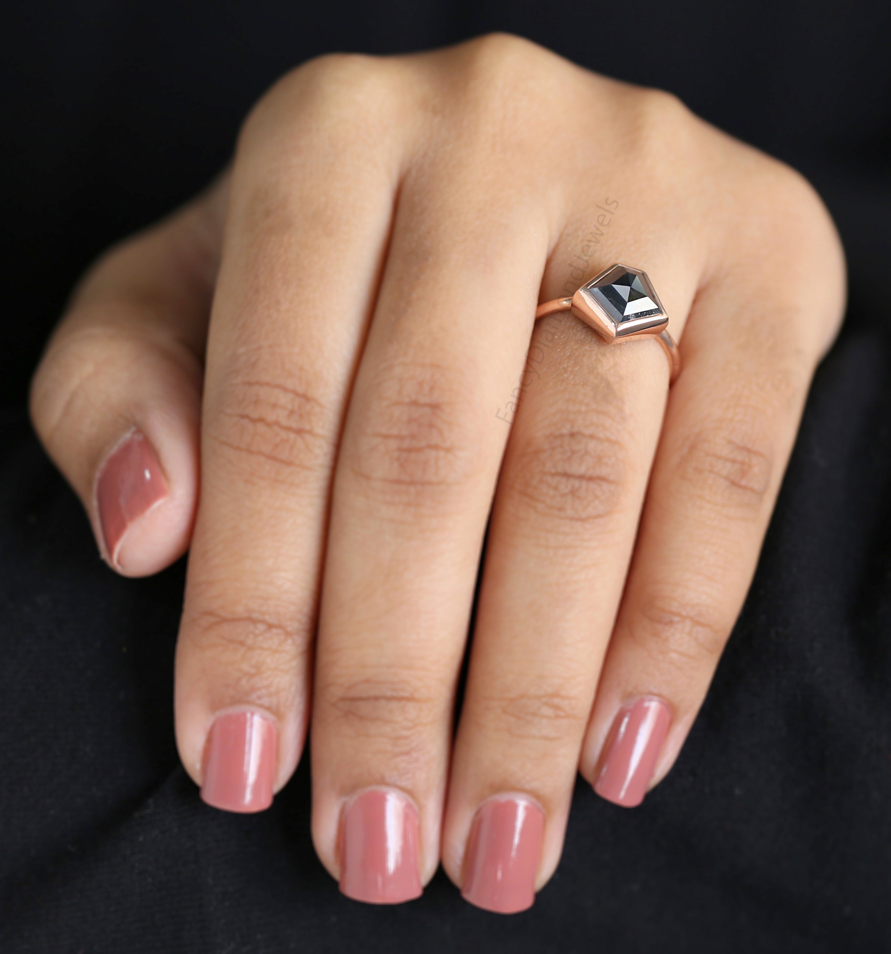Pentagon Cut Black Color Diamond Ring 2.28 Ct 8.75 MM Pentagon Shape Diamond Ring 14K Rose Gold Silver Engagement Ring Gift For Her QL870