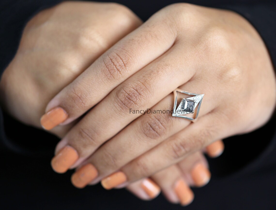 Kite Cut Salt And Pepper Diamond Ring 0.97 Ct 8.09 MM Kite Diamond Ring 14K Solid Rose Gold Silver Kite Engagement Ring Gift For Her QL2199