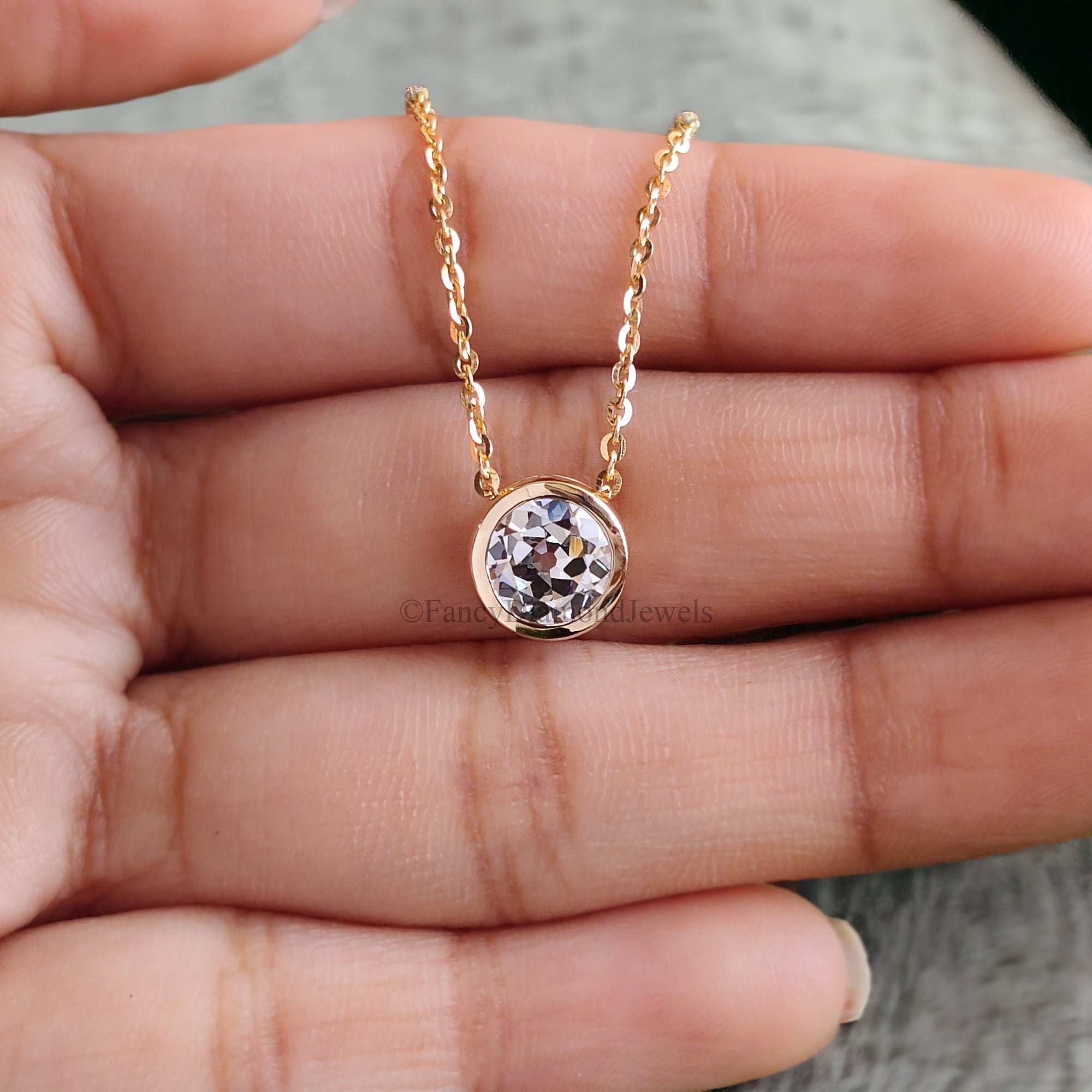 1 Carat Round Old European Cut Moissanite Lab Grown Bezel Floating Pendant Necklace With Chain 14k Yellow Gold Wedding Gift For Her FD128