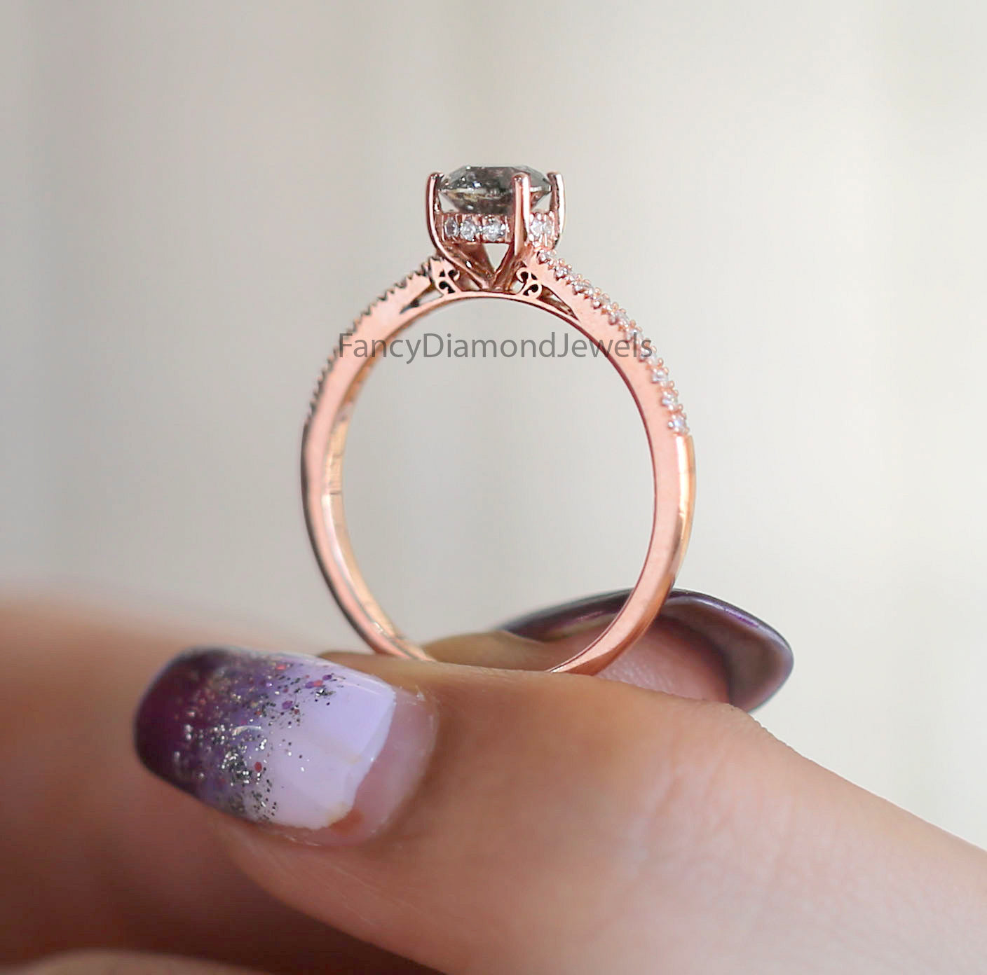 Round Cut Salt And Pepper Diamond Ring 0.54 Ct 5.00 MM Round Diamond Ring 14K Solid Rose Gold Silver Engagement Ring Gift For Her QN2182