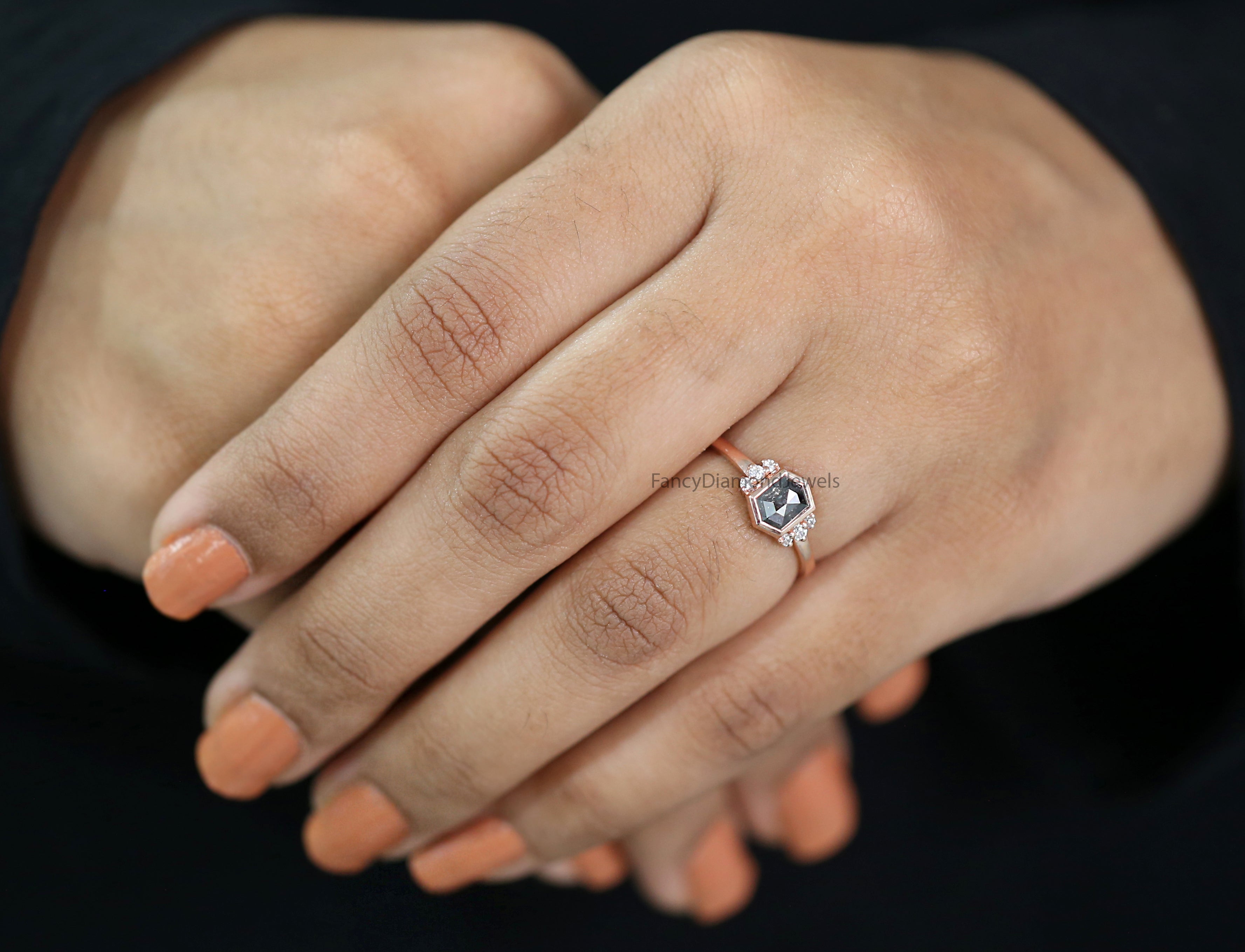 Hexagon Cut Salt And Pepper Diamond Ring 0.83 Ct 6.50 MM Hexagon Cut Diamond Ring 14K Rose Gold Silver Engagement Ring Gift For Her QL1503