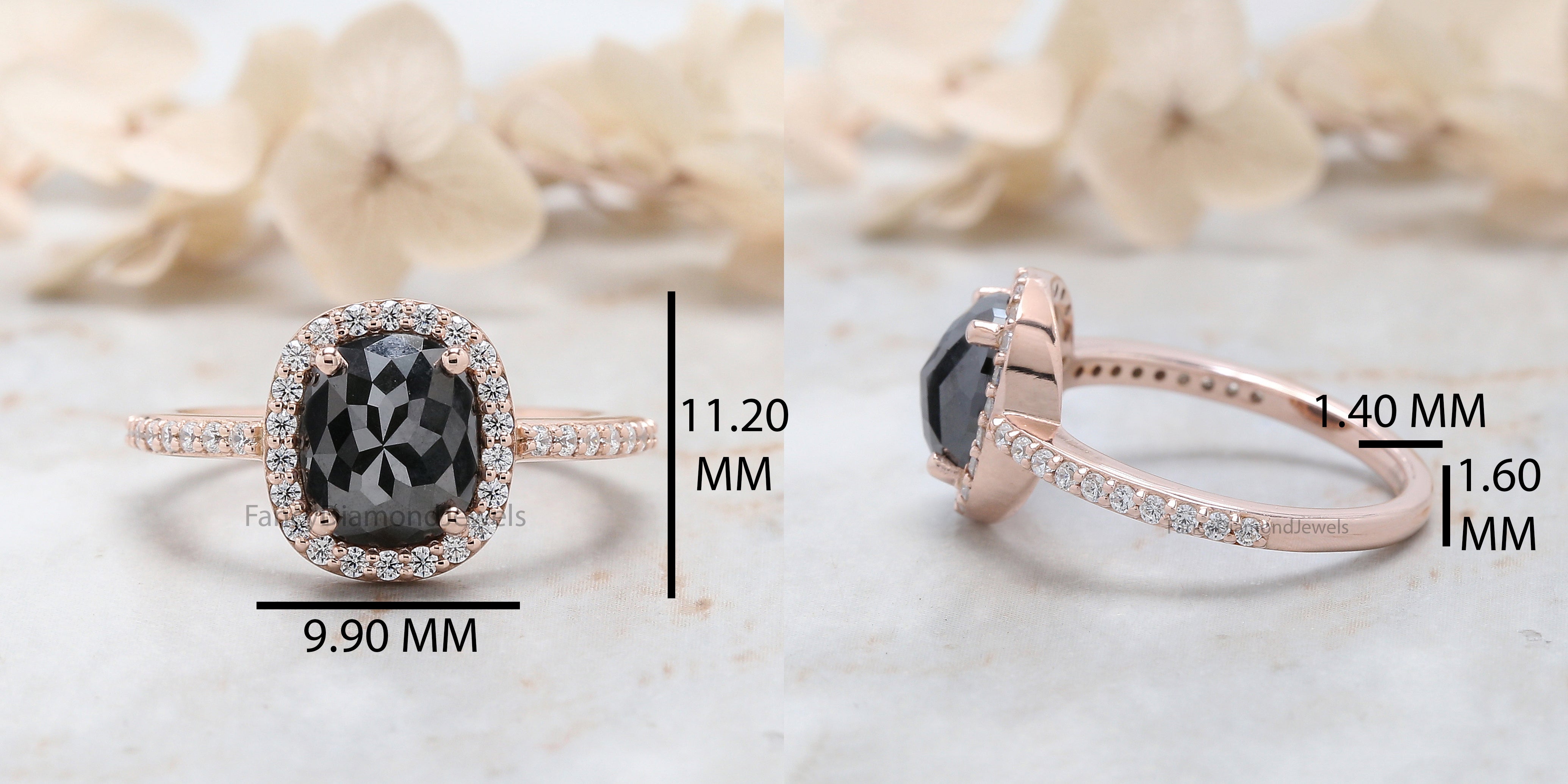 Cushion Shape Black Color Diamond Ring 2.21 Ct 8.30 MM Cushion Diamond Ring 14K Solid Rose Gold Silver Engagement Ring Gift For Her QL3068