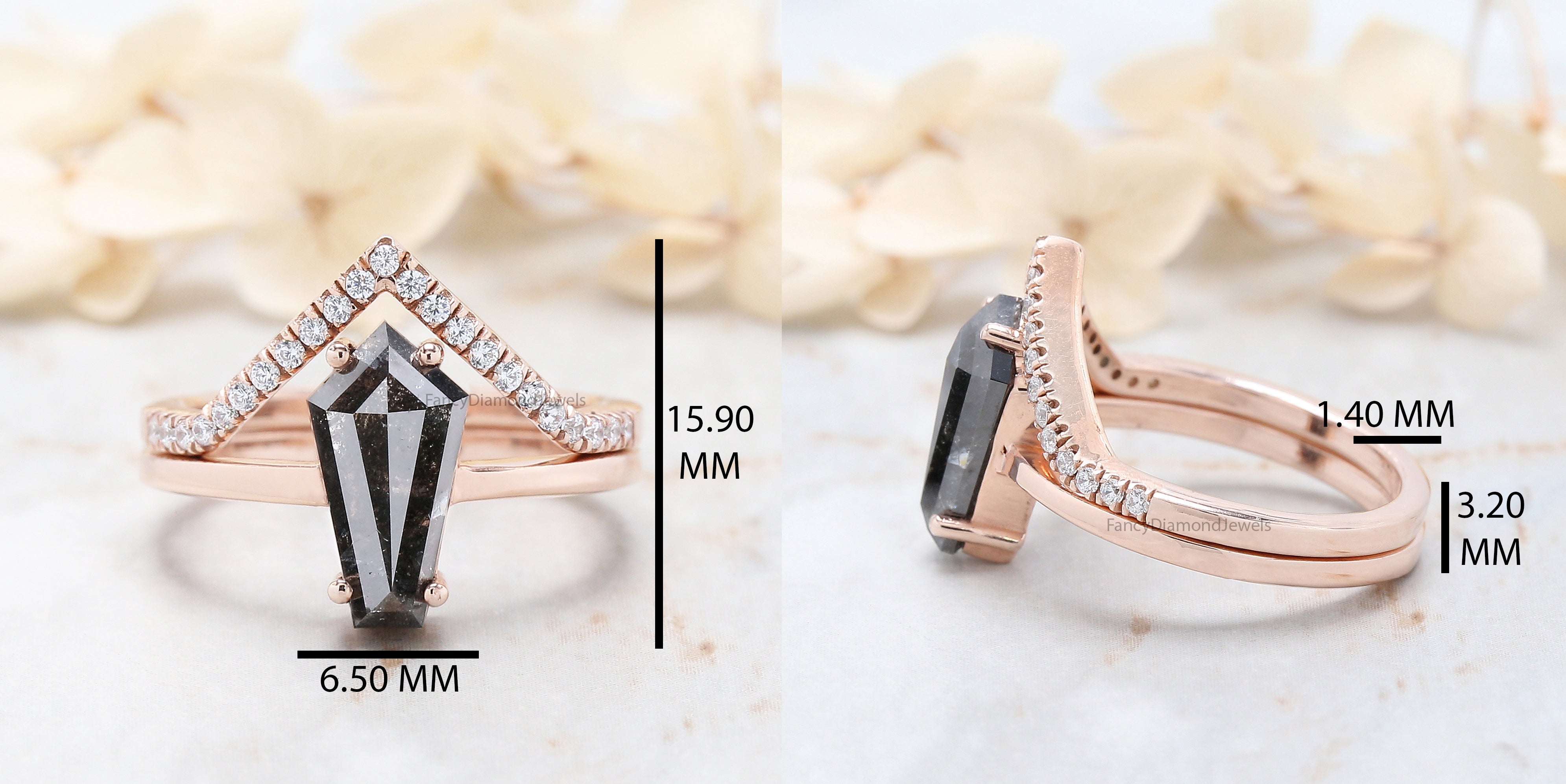 Shield Cut Salt And Pepper Diamond Ring 2.18 Ct 12.20 MM Shield Diamond Ring 14K Solid Rose Gold Silver Engagement Ring Gift For Her QL1169