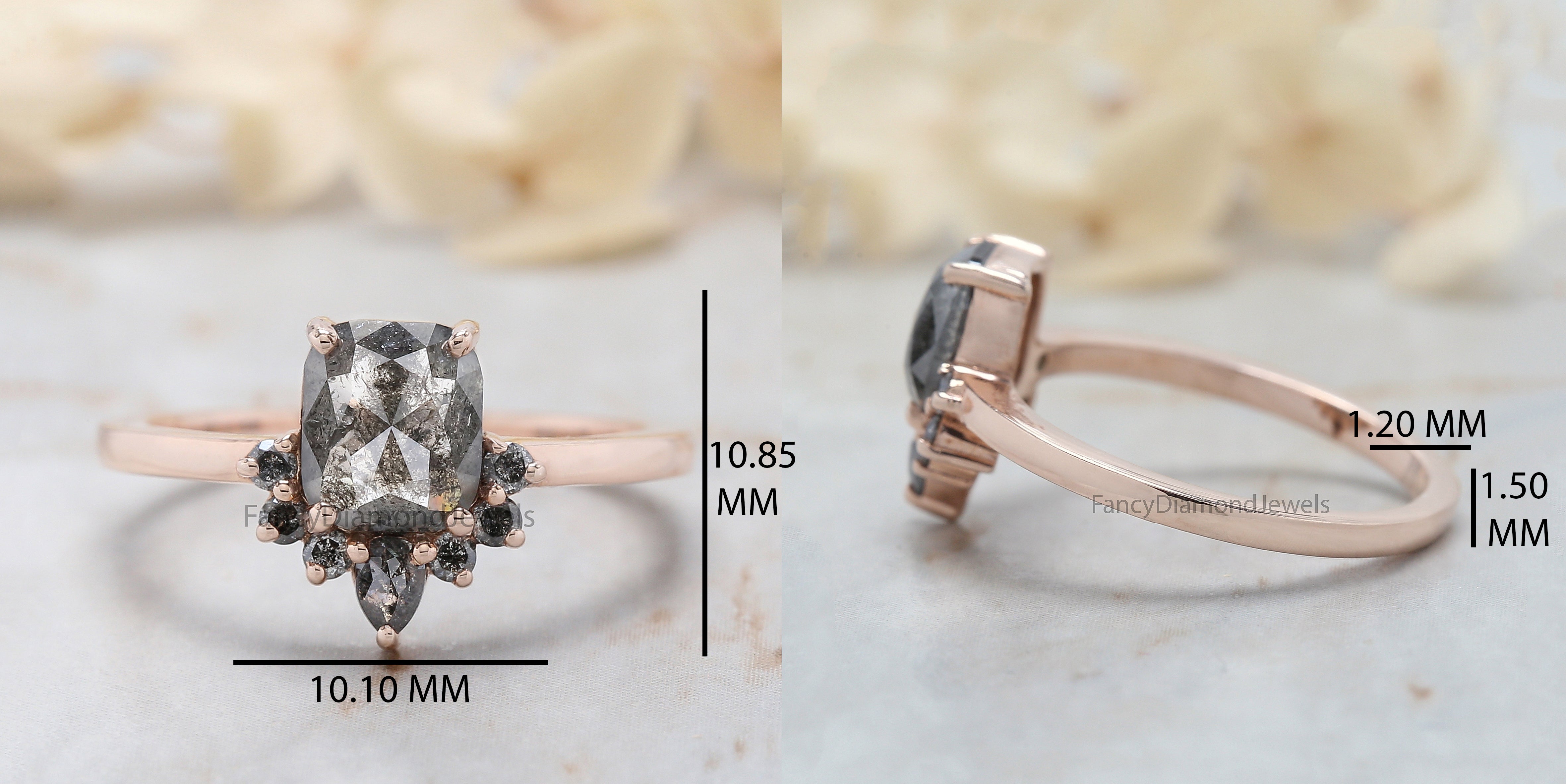 Cushion Cut Salt And Pepper Diamond Ring 1.30 Ct 6.85 MM Cushion Diamond Ring 14K Solid Rose Gold Silver Engagement Ring Gift For Her QL531