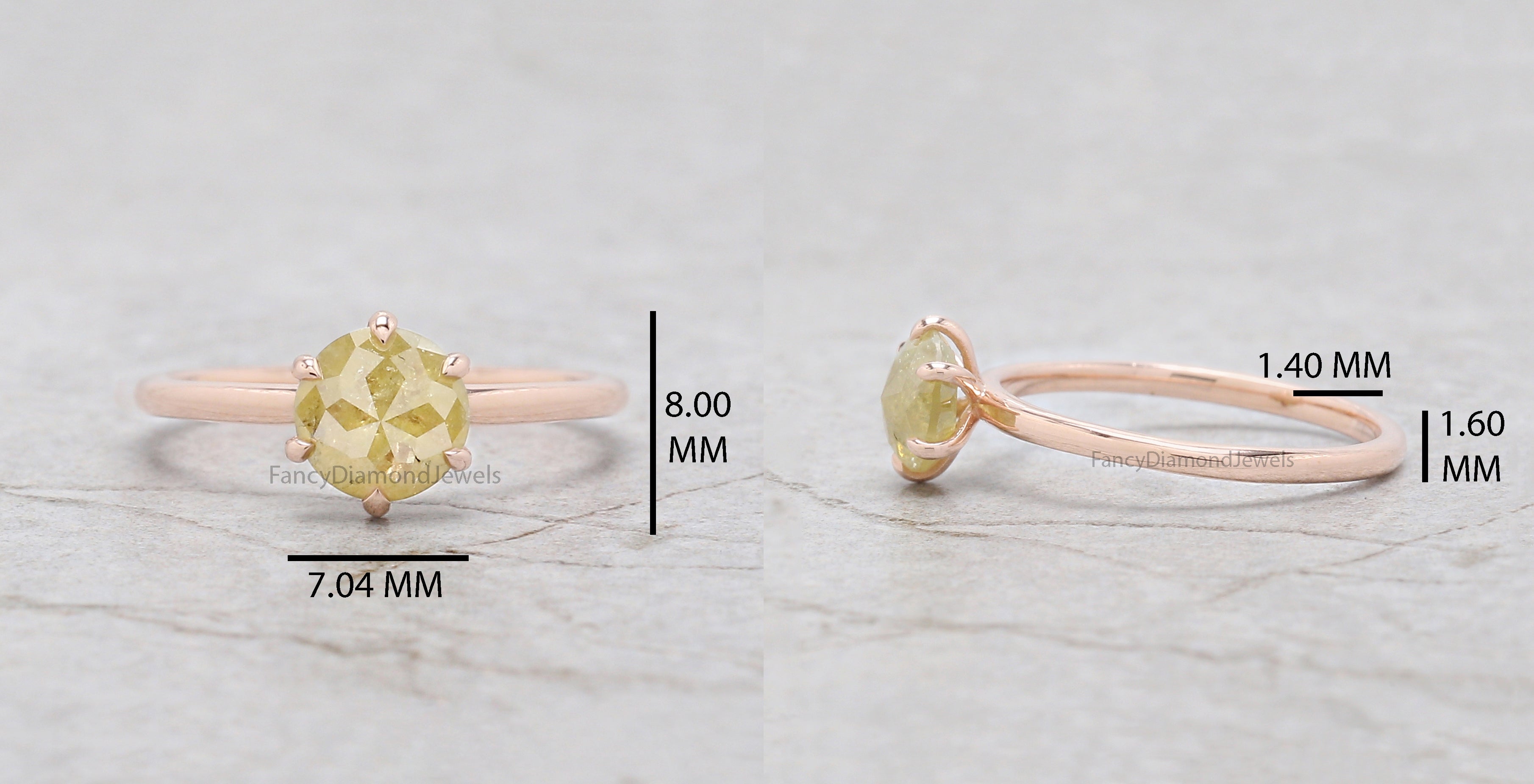 Round Rose Cut Yellow Color Diamond Ring 1.07 Ct 6.41 MM Round Shape Diamond Ring 14K Rose Gold Silver Engagement Ring Gift For Her QK2496