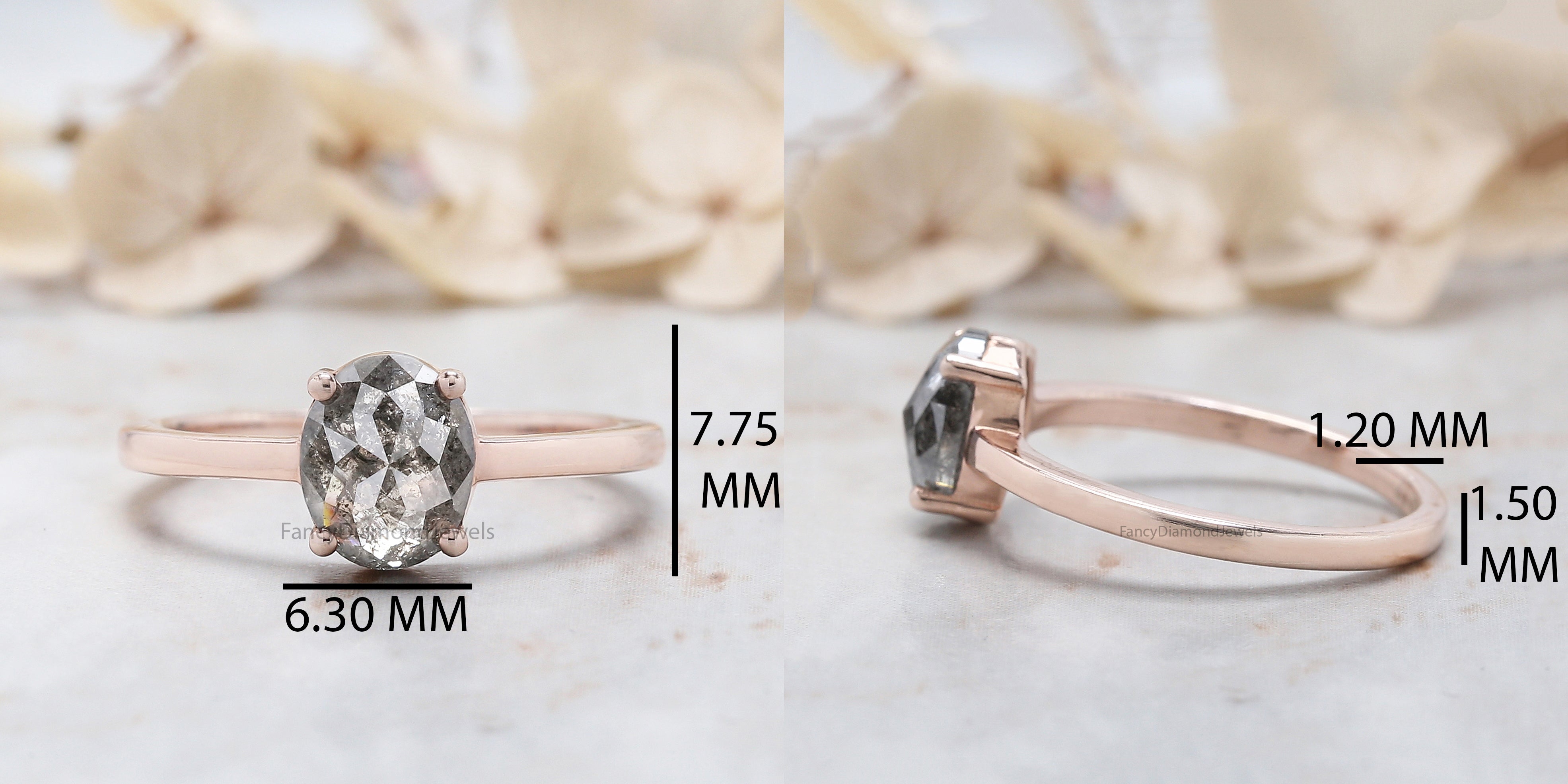 Oval Cut Salt And Pepper Diamond Ring 1.51 Ct 7.70 MM Oval Diamond Ring 14K Solid Rose Gold Silver Oval Engagement Ring Gift For Her QL1941
