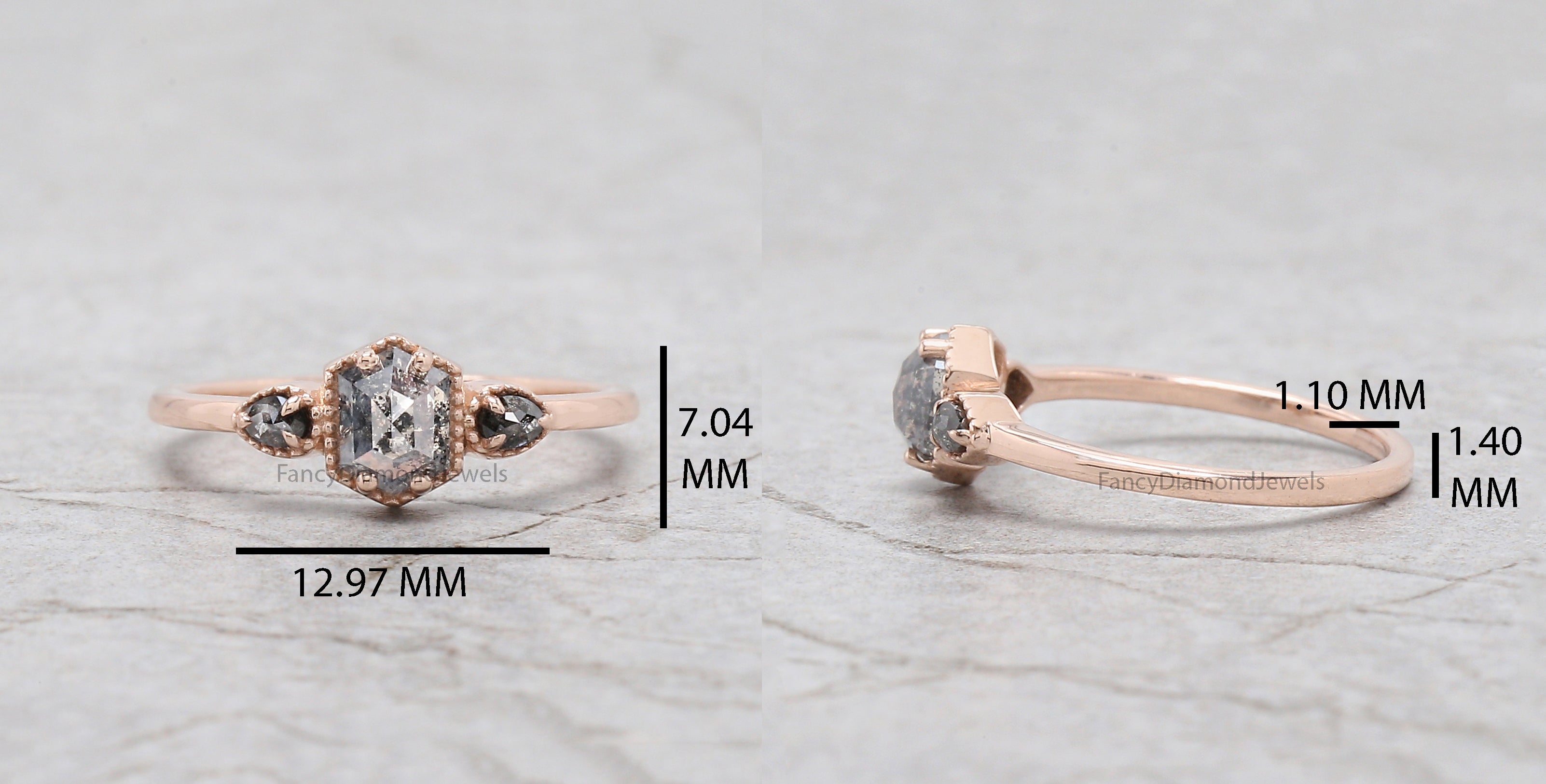 Hexagon Cut Salt And Pepper Diamond Ring 0.62 Ct 5.72 MM Hexagon Diamond Ring 14K Solid Rose Gold Silver Engagement Ring Gift For Her QK2593
