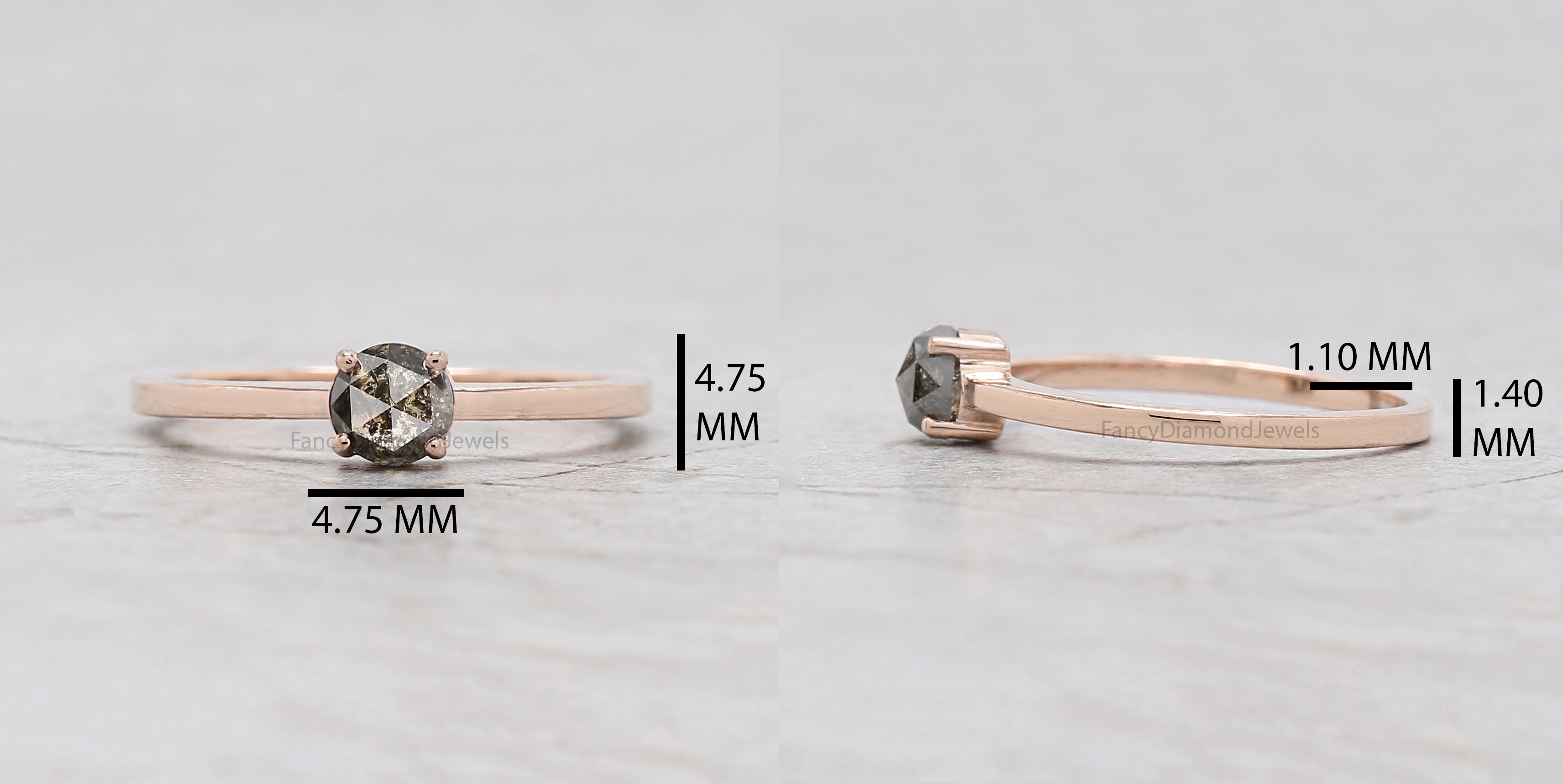 Round Rose Cut Salt And Pepper Diamond Ring 0.53 Ct 4.60 MM Round Shape Diamond Ring 14K Rose Gold Silver Engagement Ring Gift For Her QL7404