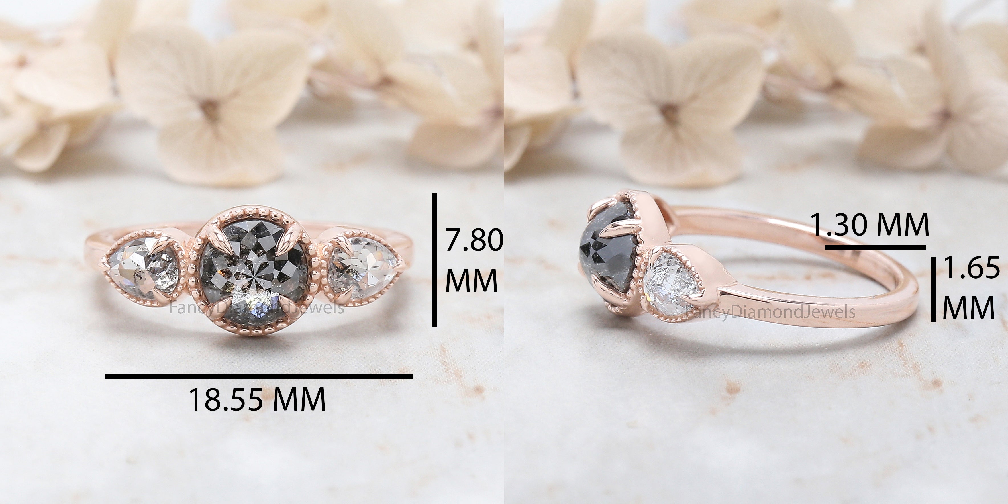 Round Rose Cut Salt And Pepper Diamond Ring 1.16 Ct 6.45 MM Round Diamond Ring 14K Rose Gold Silver Engagement Ring Gift For Her QN9777