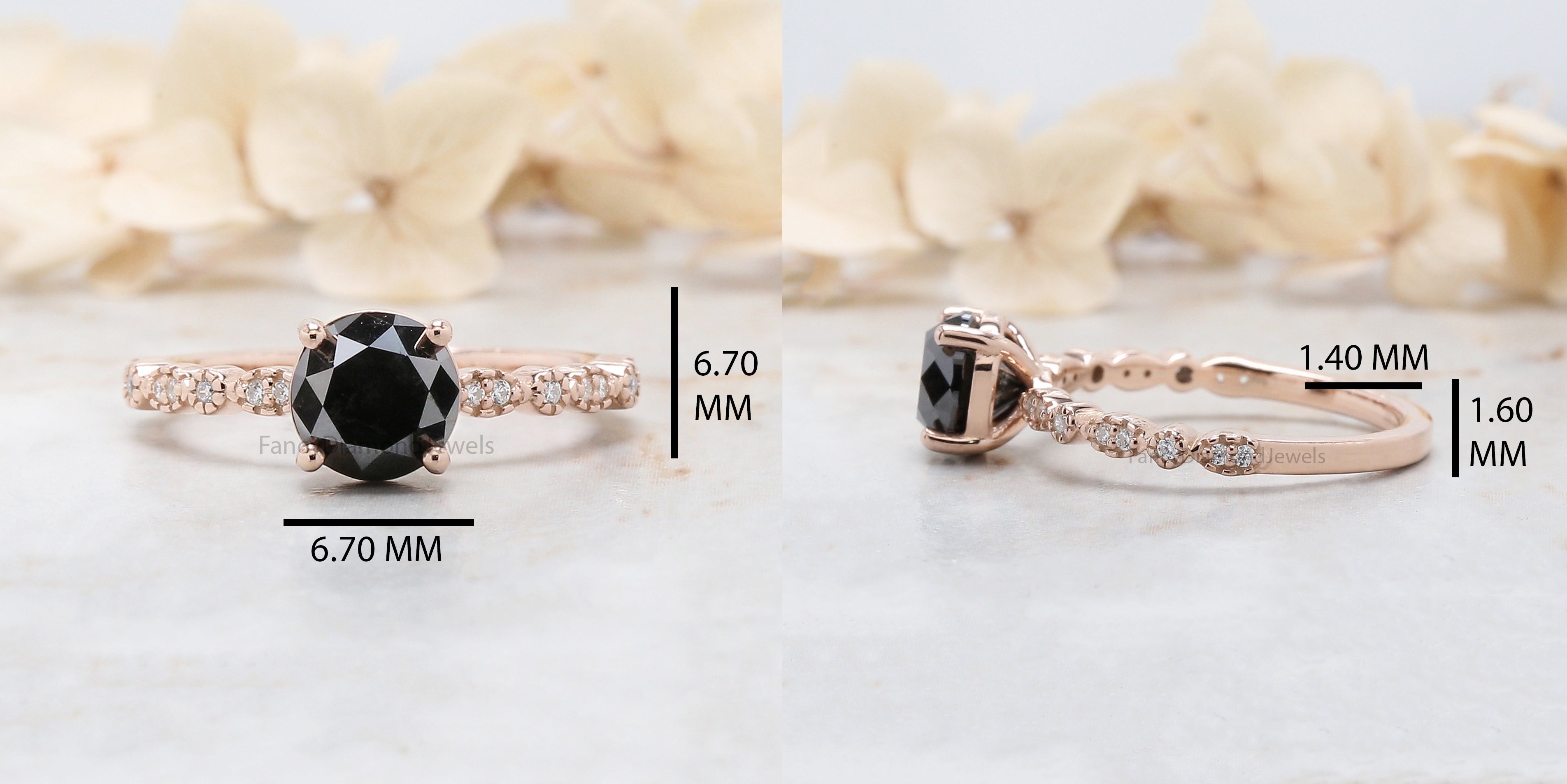 Round Cut Black Color Diamond Ring 1.50 Ct 6.60 MM Round Shape Diamond Ring 14K Solid Rose Gold Silver Engagement Ring Gift For Her QL3070