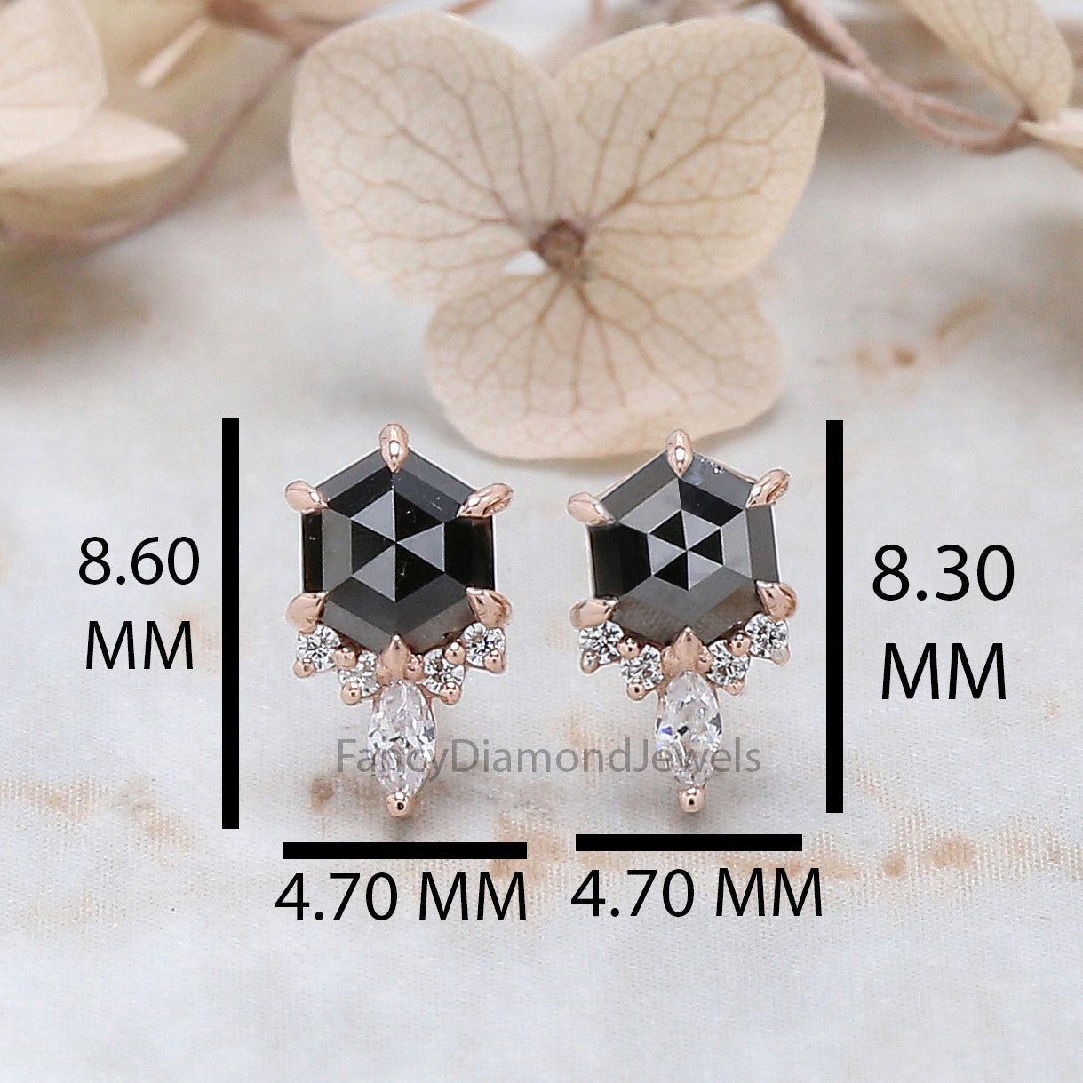 Hexagon Cut Black Color Diamond Earring 0.58 Ct 5.03 MM Hexagon Shape Diamond Earring 14K Solid Rose Gold Silver Engagement Earring QK2629