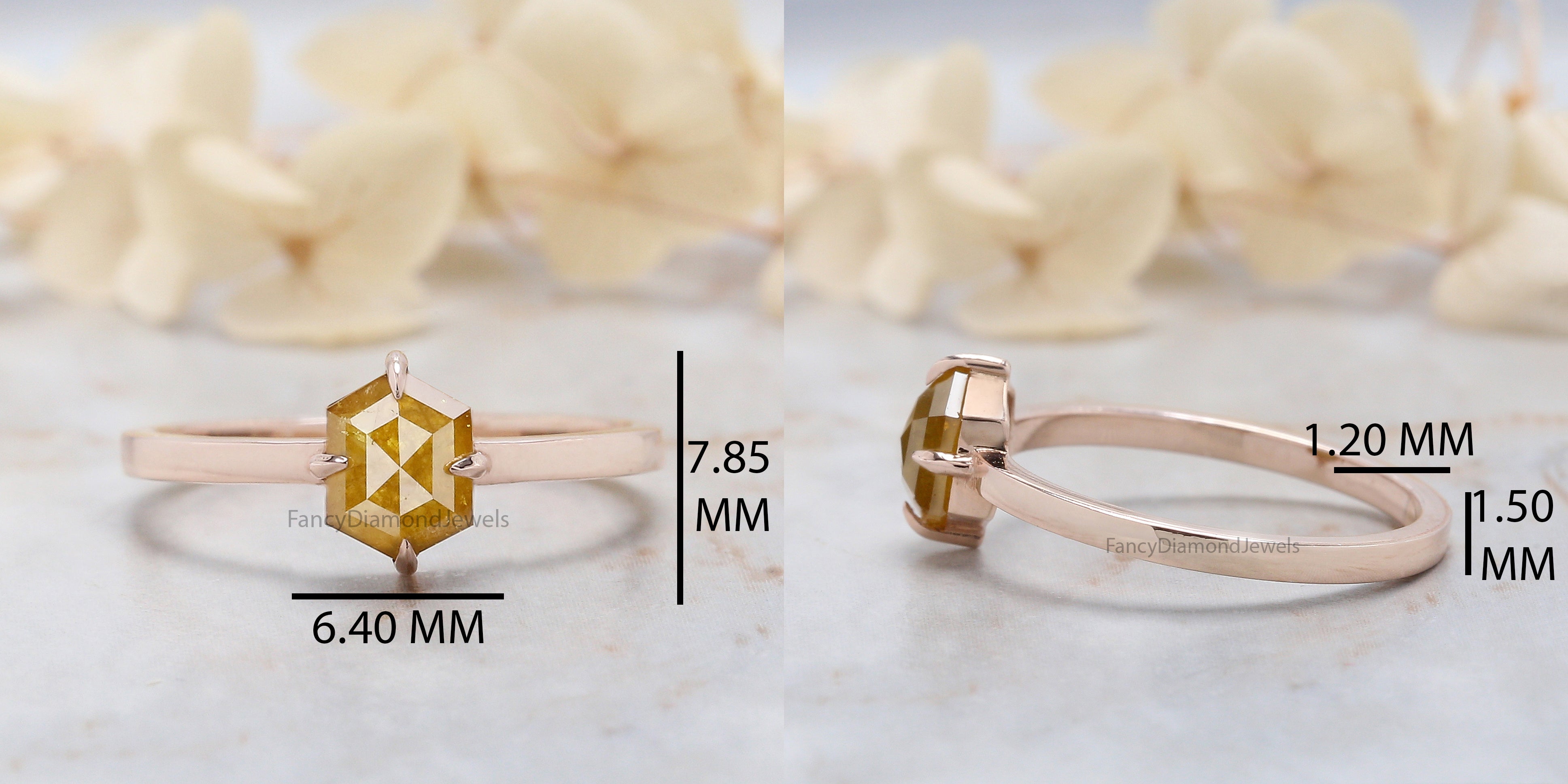 0.90 Ct Natural Hexagon Cut Yellow Color Diamond Ring 6.75 MM Hexagon Shape Diamond Ring 14K Solid Rose Gold Silver Engagement Ring QL9858