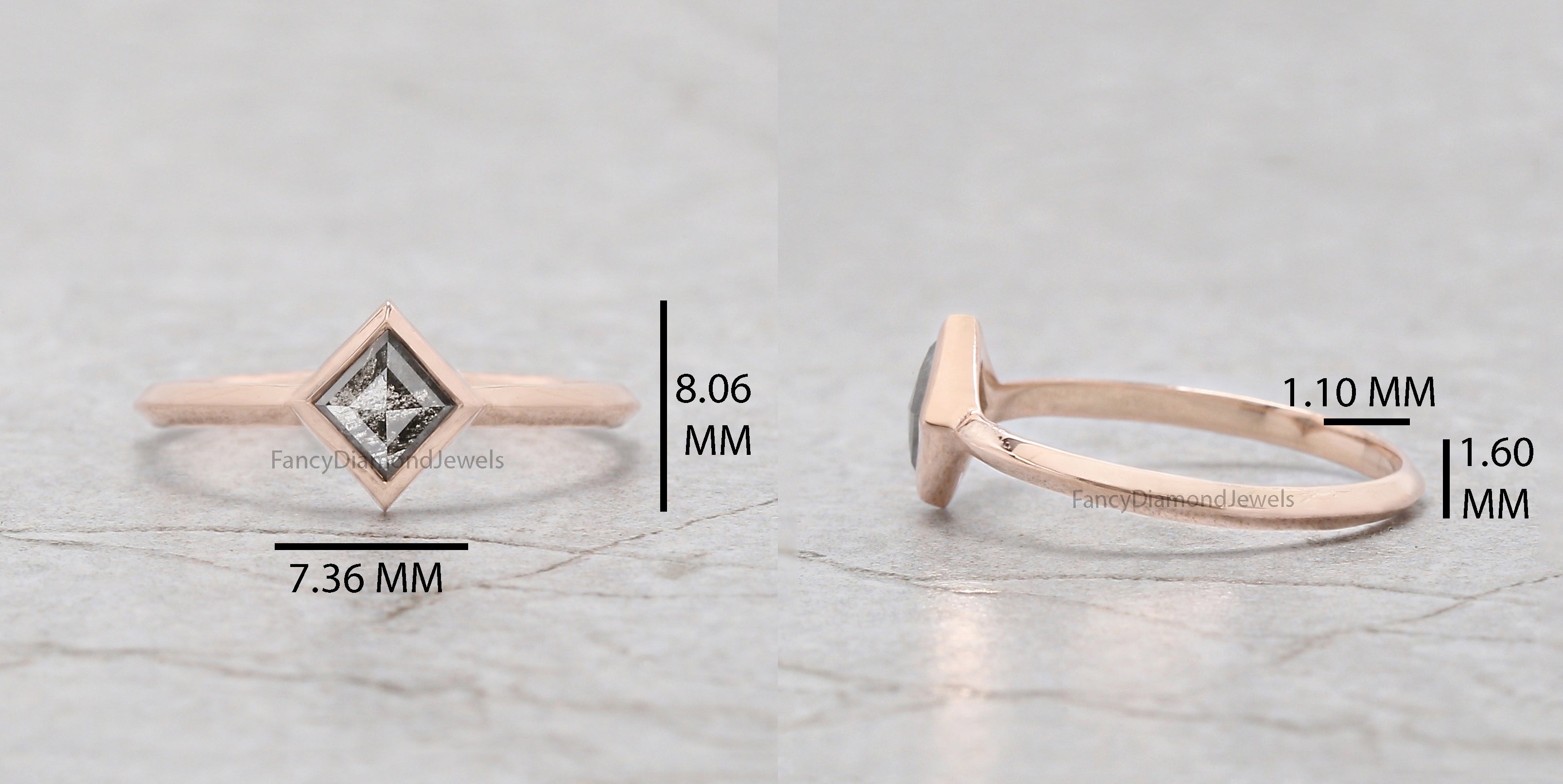 Kite Cut Salt And Pepper Diamond Ring 0.50 Ct 6.14 MM Kite Diamond Ring 14K Solid Rose Gold Silver Kite Engagement Ring Gift For Her QK2572