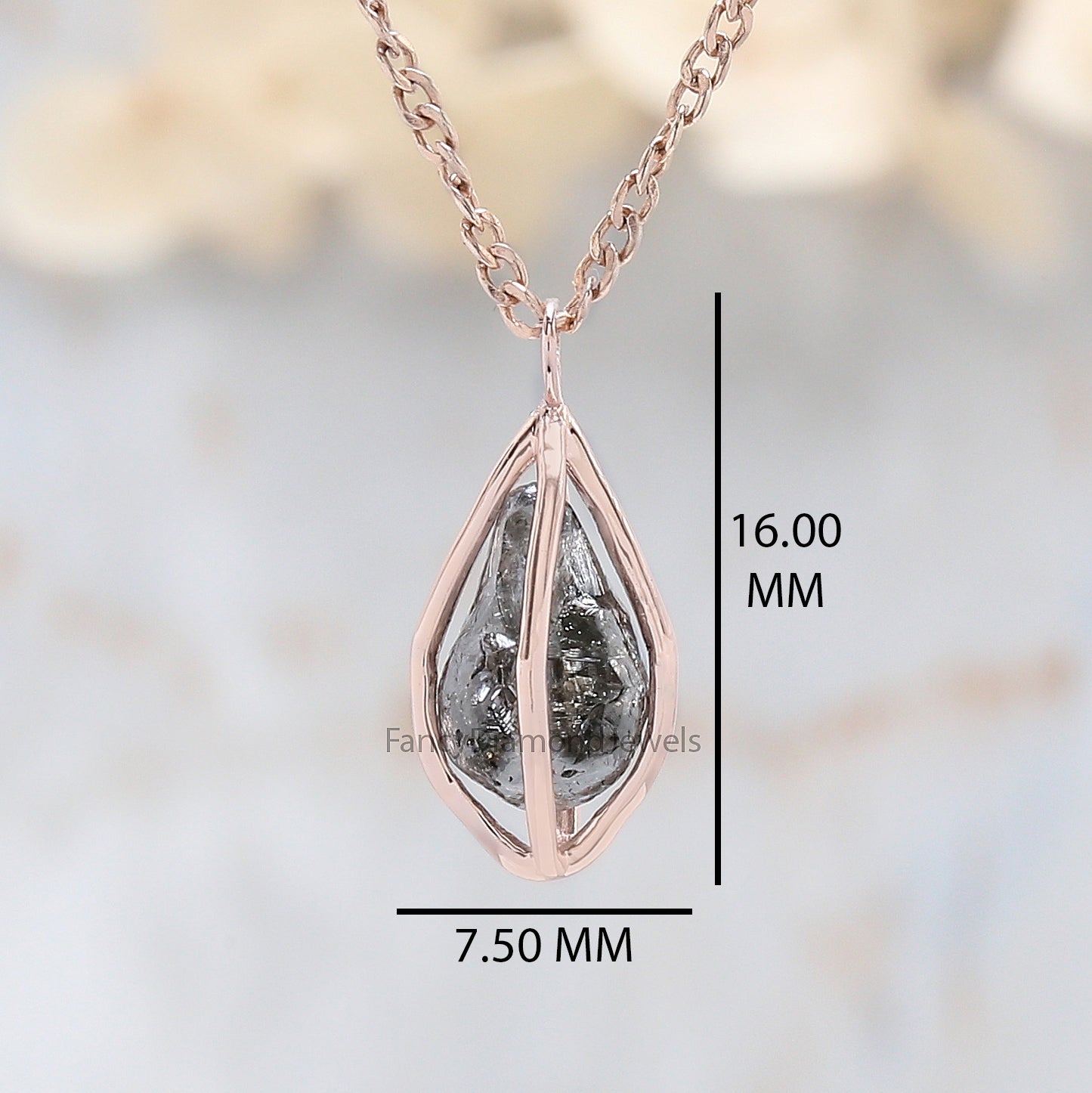 Rough Salt And Pepper Diamond Pendant 2.53 Ct 8.90 MM Rough Diamond Pendant 14K Solid Rose Gold Silver Engagement Pendant Gift For Her QN1436