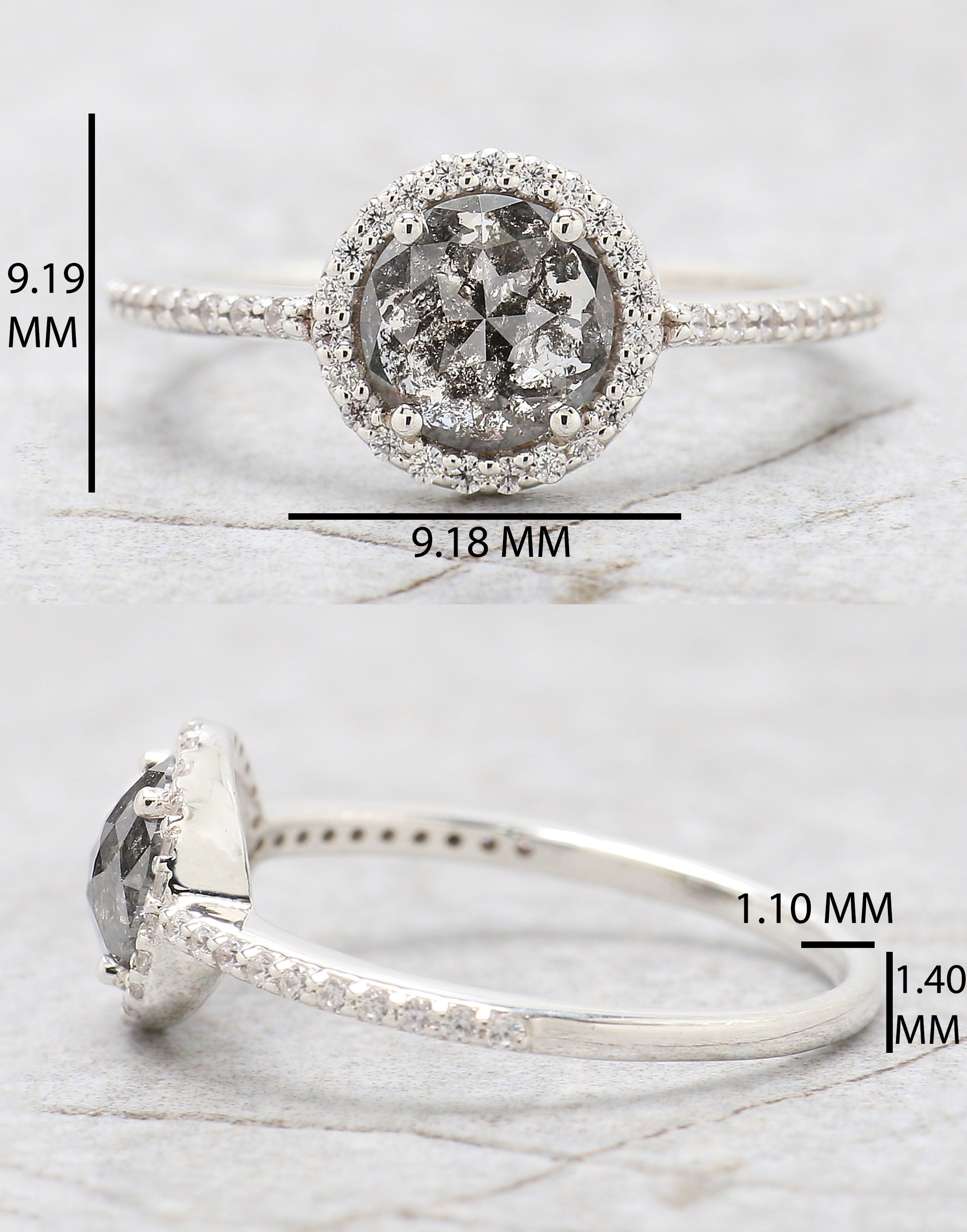 Round Rose Cut Salt And Pepper Diamond Ring 0.97 Ct 6.70 MM Round Diamond Ring 14K White Gold Silver Engagement Ring Gift For Her QN1131