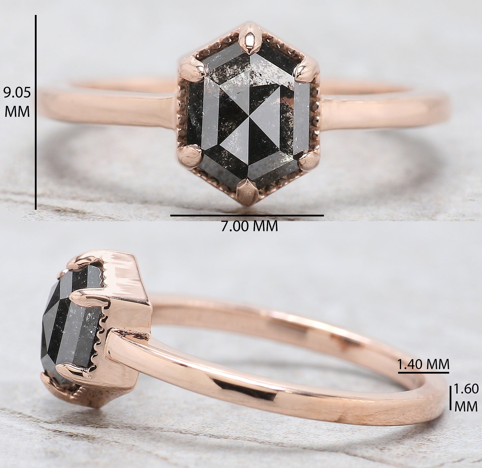 Hexagon Cut Salt And Pepper Diamond Ring 1.43 Ct 7.65 MM Hexagon Diamond Ring 14K Solid Rose Gold Silver Engagement Ring Gift For Her QL2704