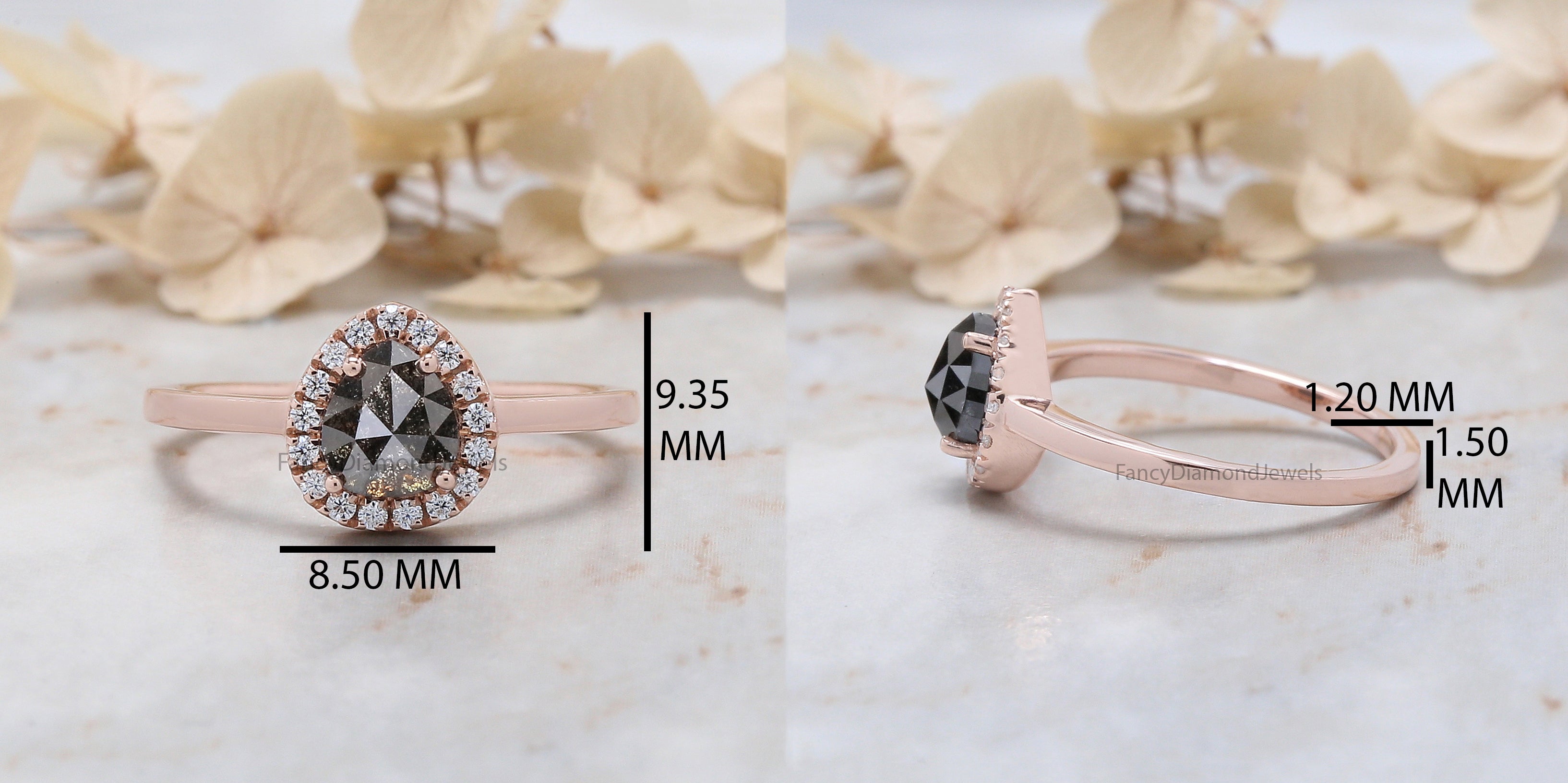 1.00 Ct Natural Pear Cut Salt And Pepper Diamond Ring 6.35 MM Pear Diamond Ring 14K Solid Rose Gold Silver Engagement Ring Pear Ring QN9348