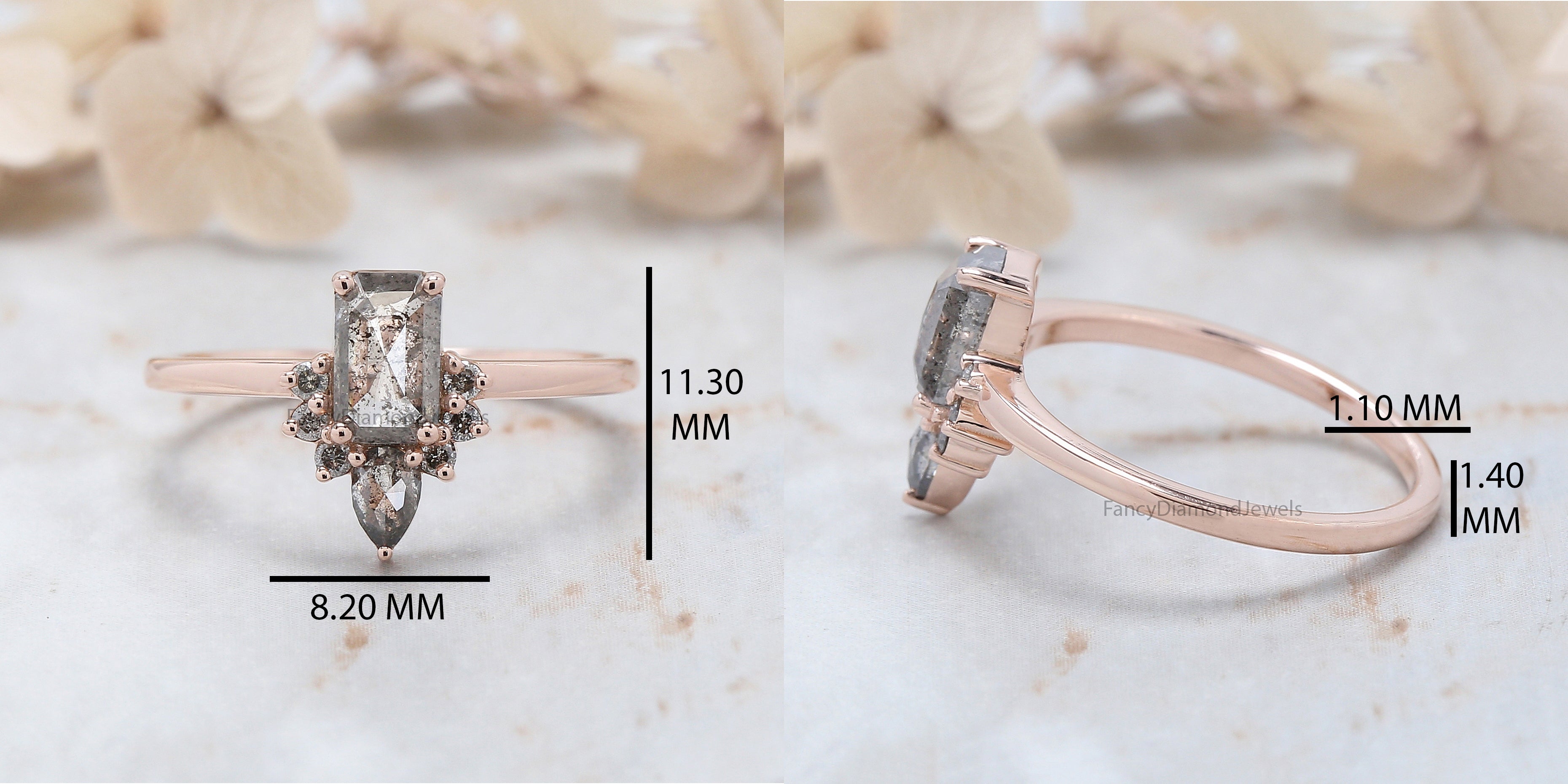 Emerald Salt And Pepper Diamond Ring 0.87 Ct 6.60 MM Emerald Diamond Ring 14K Solid Rose Gold Silver Engagement Ring Gift For Her QN9871