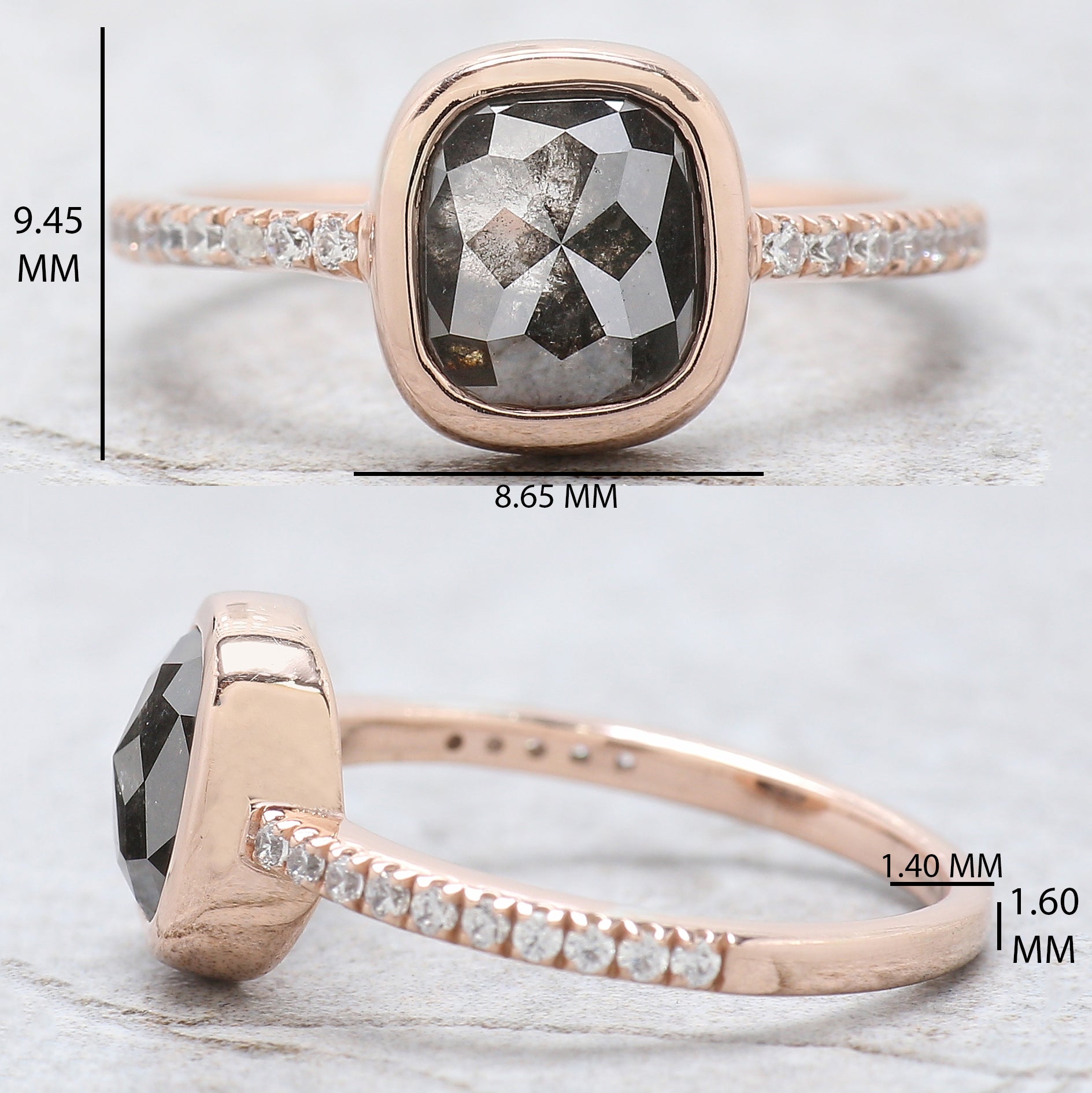 Cushion Cut Salt And Pepper Diamond Ring 2.04 Ct 7.85 MM Cushion Diamond Ring 14K Solid Rose Gold Silver Engagement Ring Gift For Her QL2887