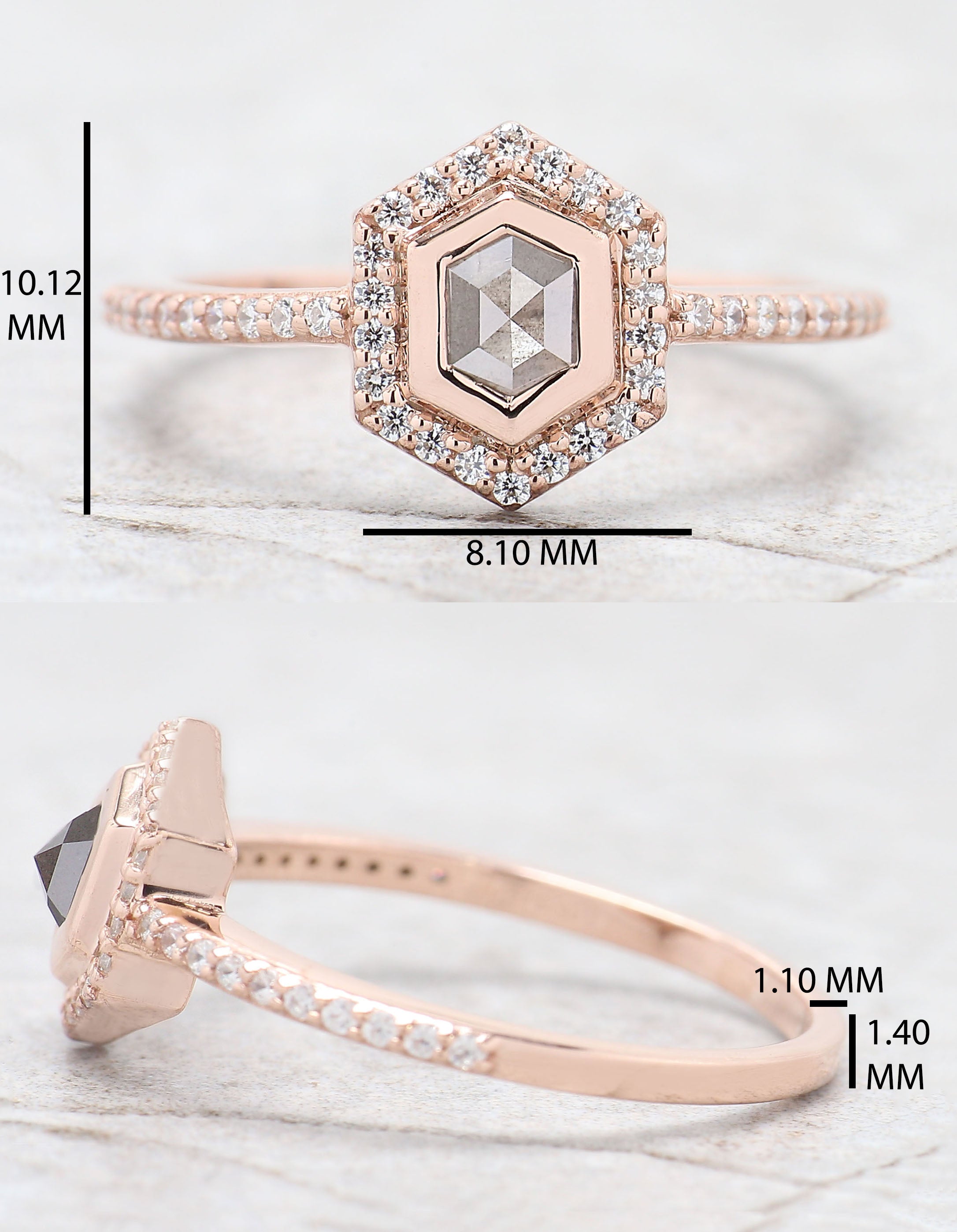 Hexagon Cut Salt And Pepper Diamond Ring 0.46 Ct 5.45 MM Hexagon Cut Diamond Ring 14K Rose Gold Silver Engagement Ring Gift For Her QL9681