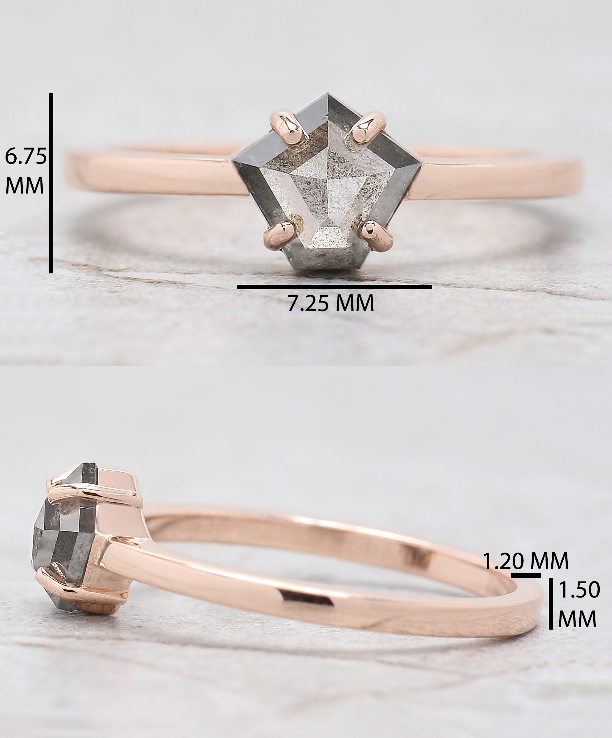 Pentagon Cut Salt And Pepper Diamond Ring 0.92 Ct 6.60 MM Pentagon Diamond Ring 14K Rose Gold Silver Engagement Ring Gift For Her QL438