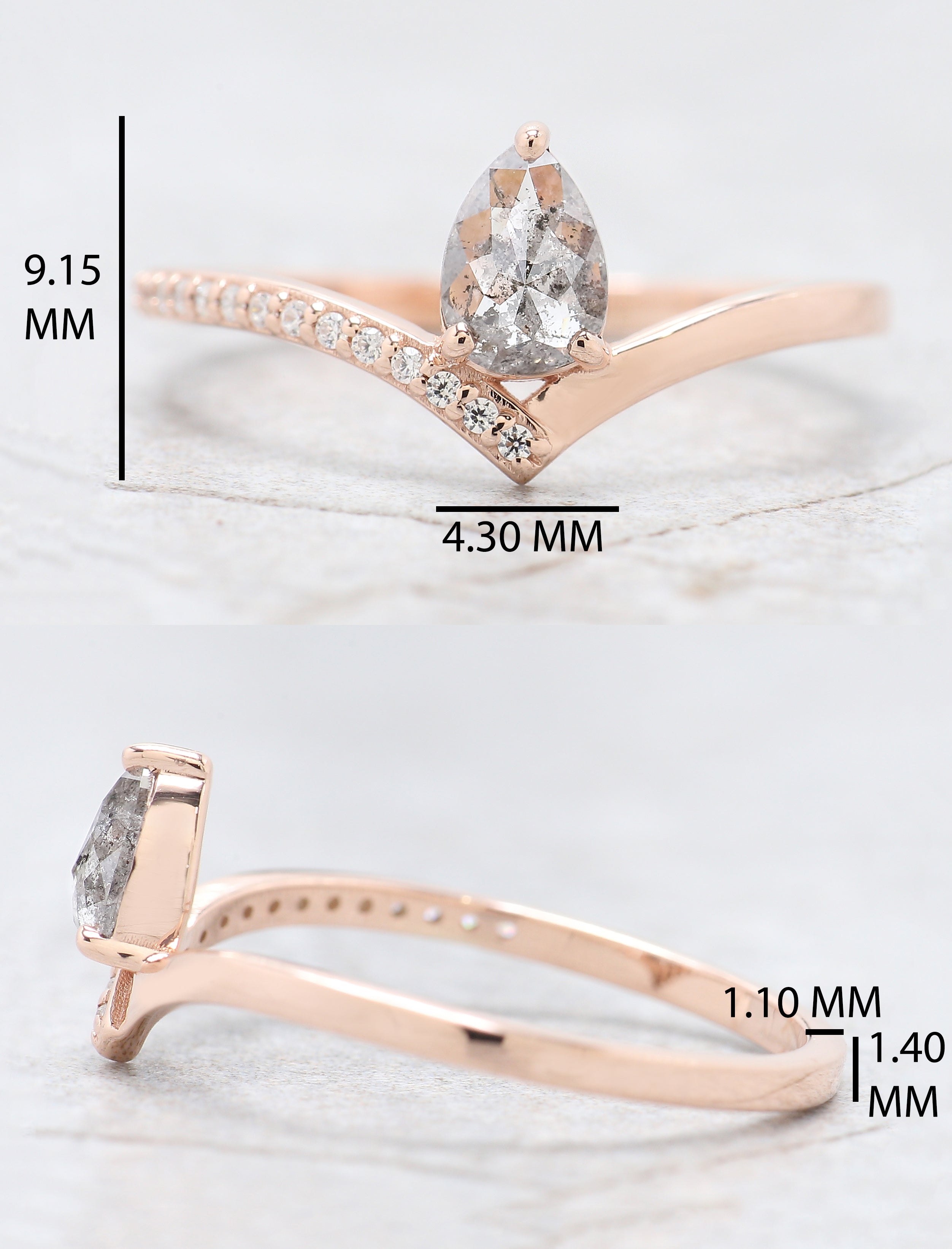 Pear Cut Salt And Pepper Diamond Ring 0.39 Ct 5.95 MM Pear Diamond Ring 14K Solid Rose Gold Silver Pear Engagement Ring Gift For Her QN606