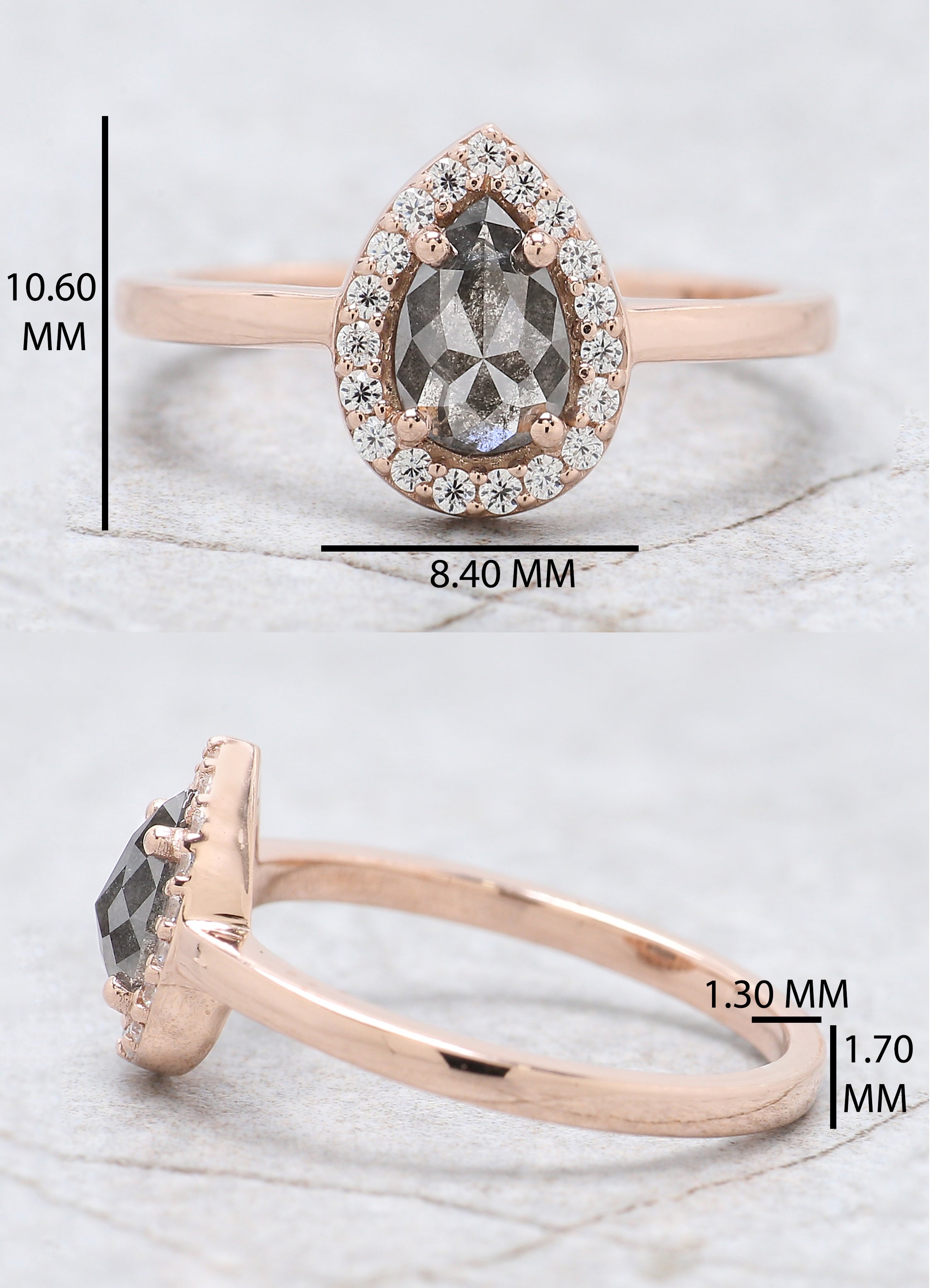 Pear Cut Salt And Pepper Diamond Ring 0.86 Ct 7.00 MM Pear Diamond Ring 14K Solid Rose Gold Silver Pear Engagement Ring Gift For Her QN9364