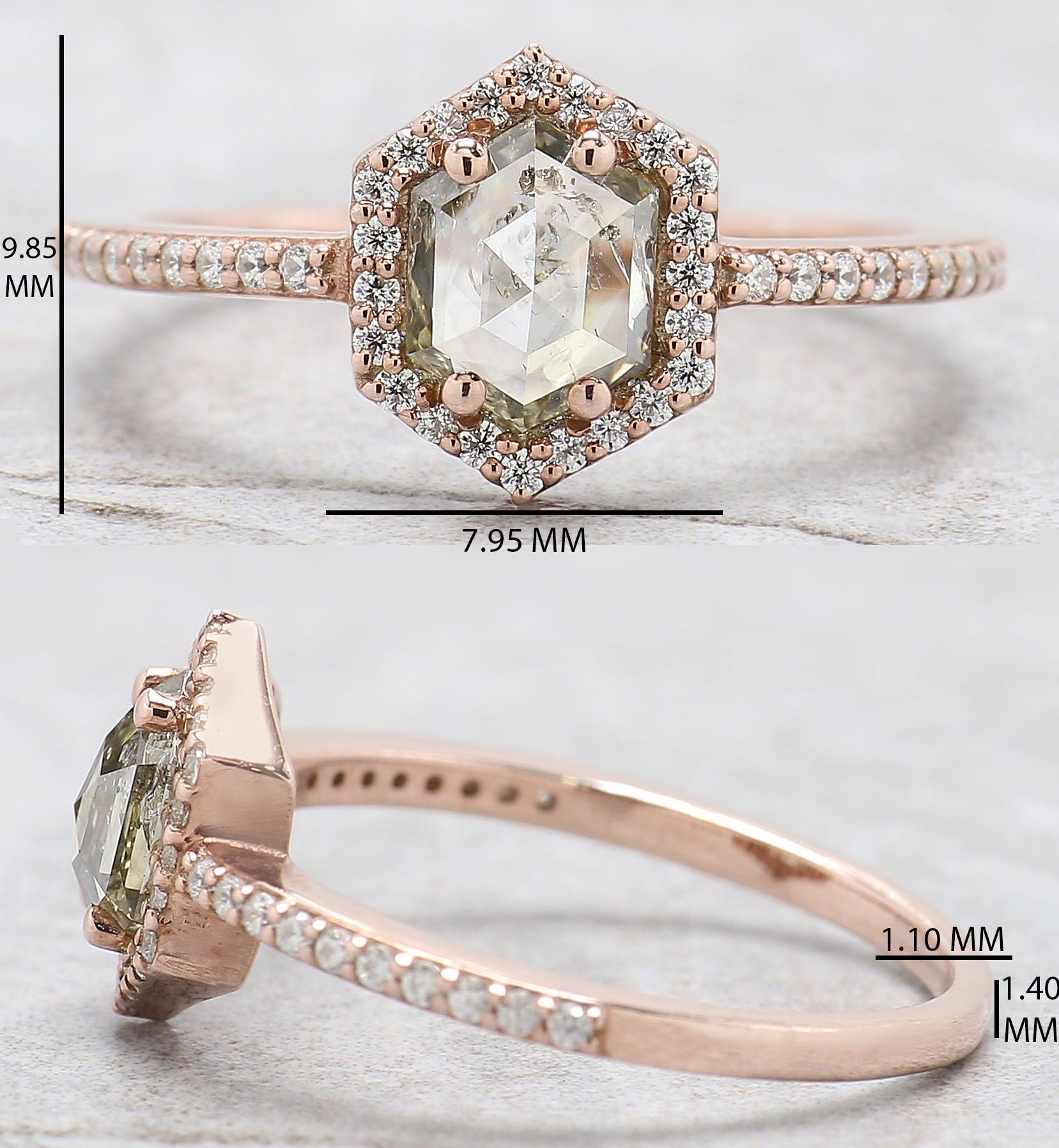 Hexagon Cut Salt And Pepper Diamond Ring 0.87 Ct 6.69 MM Hexagon Cut Diamond Ring 14K Rose Gold Silver Engagement Ring Gift For Her QL2604