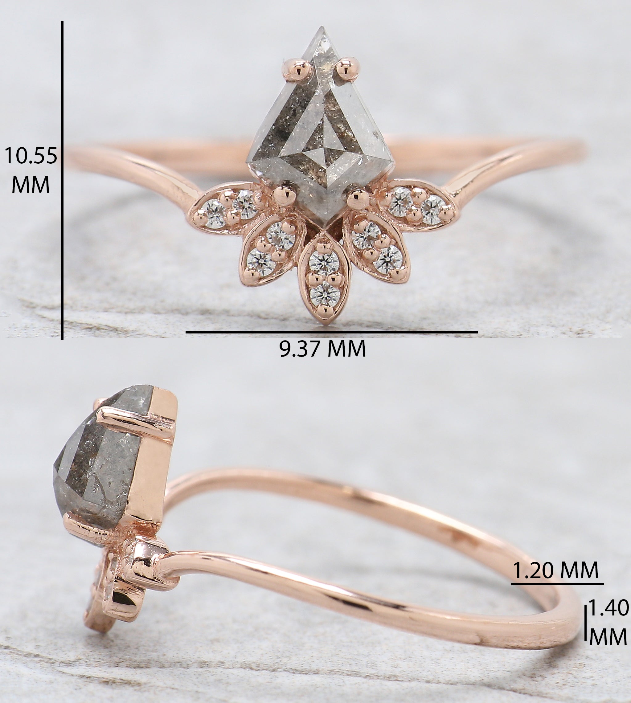 Kite Cut Salt And Pepper Diamond Ring 0.68 Ct 6.85 MM Kite Diamond Ring 14K Solid Rose Gold Silver Kite Engagement Ring Gift For Her QL1342