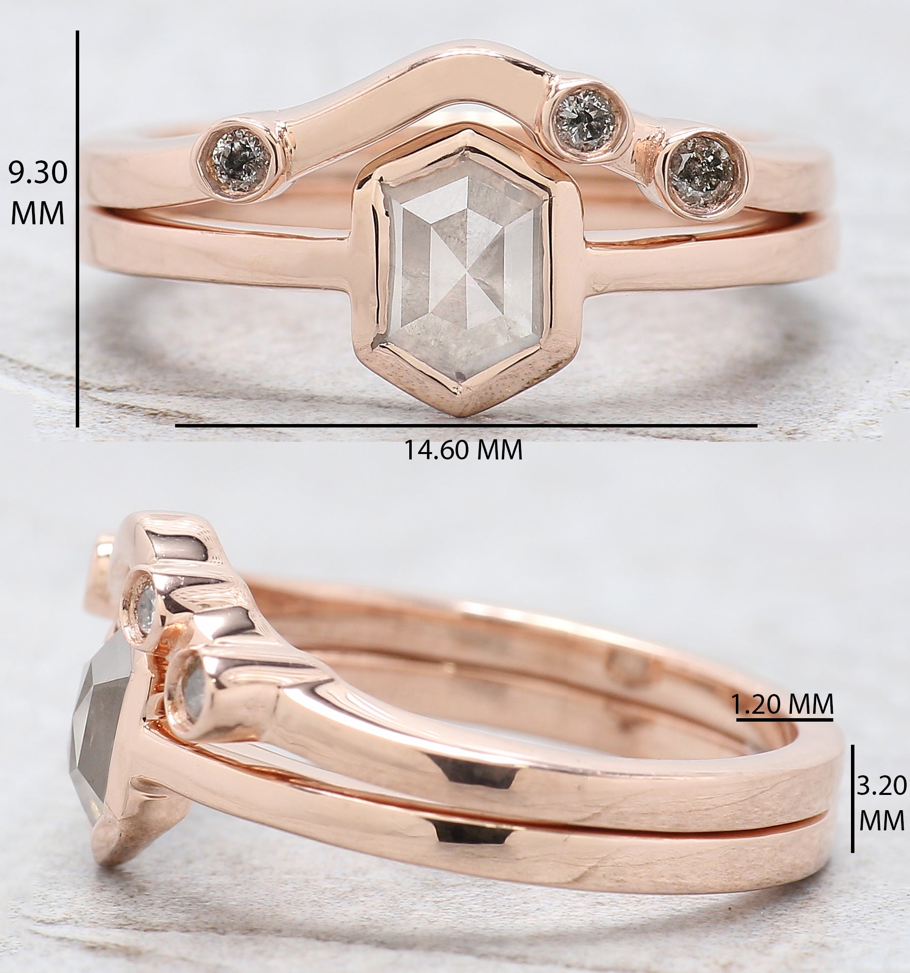 Hexagon Cut Salt And Pepper Diamond Ring 0.76 Ct 6.50 MM Hexagon Cut Diamond Ring 14K Rose Gold Silver Engagement Ring Gift For Her QL1121