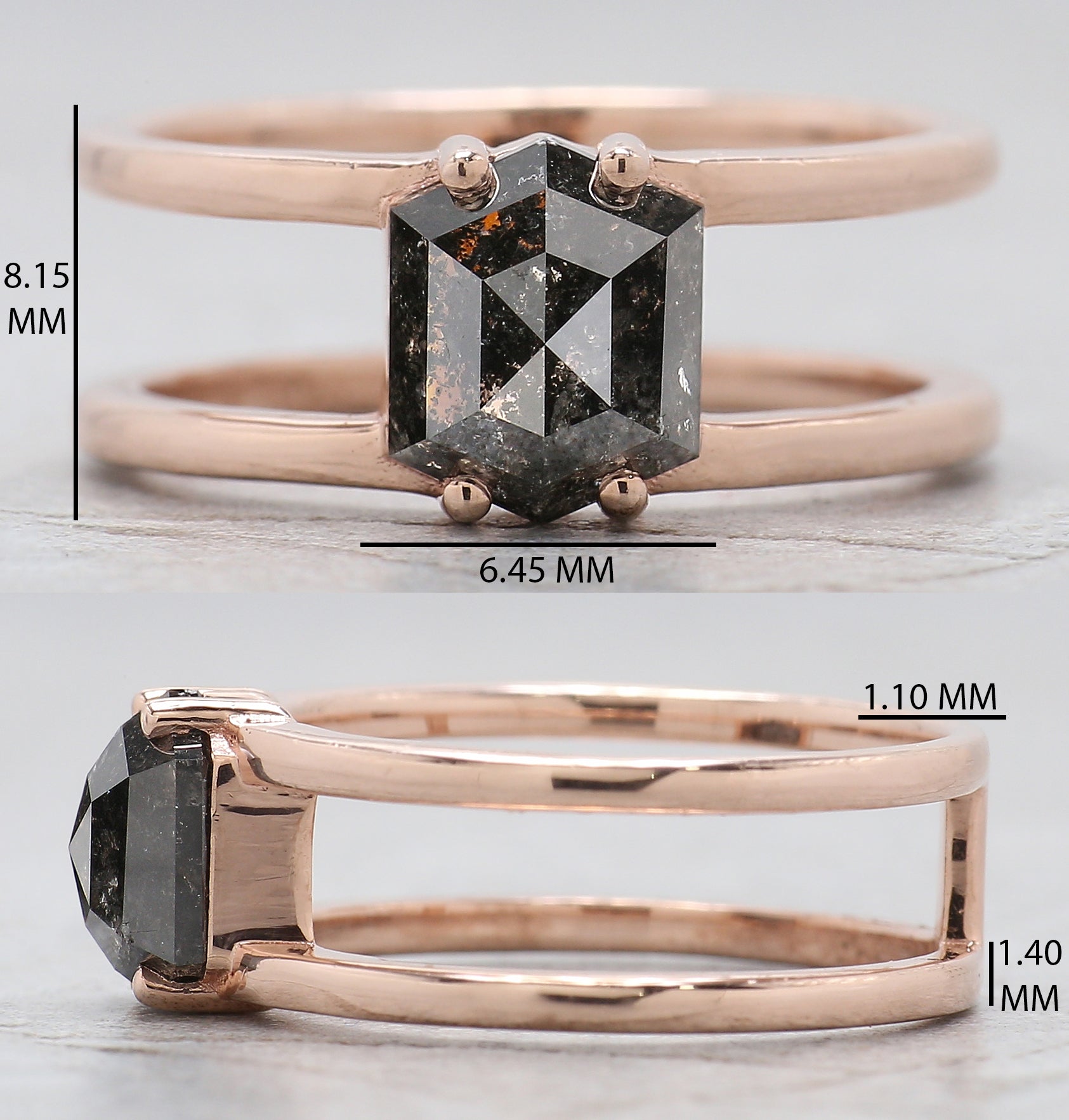 Hexagon Cut Salt And Pepper Diamond Ring 1.93 Ct 7.95 MM Hexagon Diamond Ring 14K Solid Rose Gold Silver Engagement Ring Gift For Her QL2264
