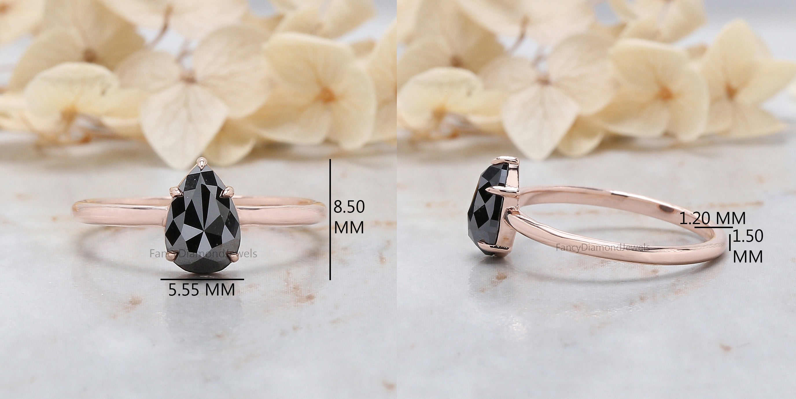 1.27 Ct Natural Pear Shape Black Color Diamond Ring 8.10 MM Pear Cut Diamond Ring 14K Solid Rose Gold Silver Engagement Ring QN551