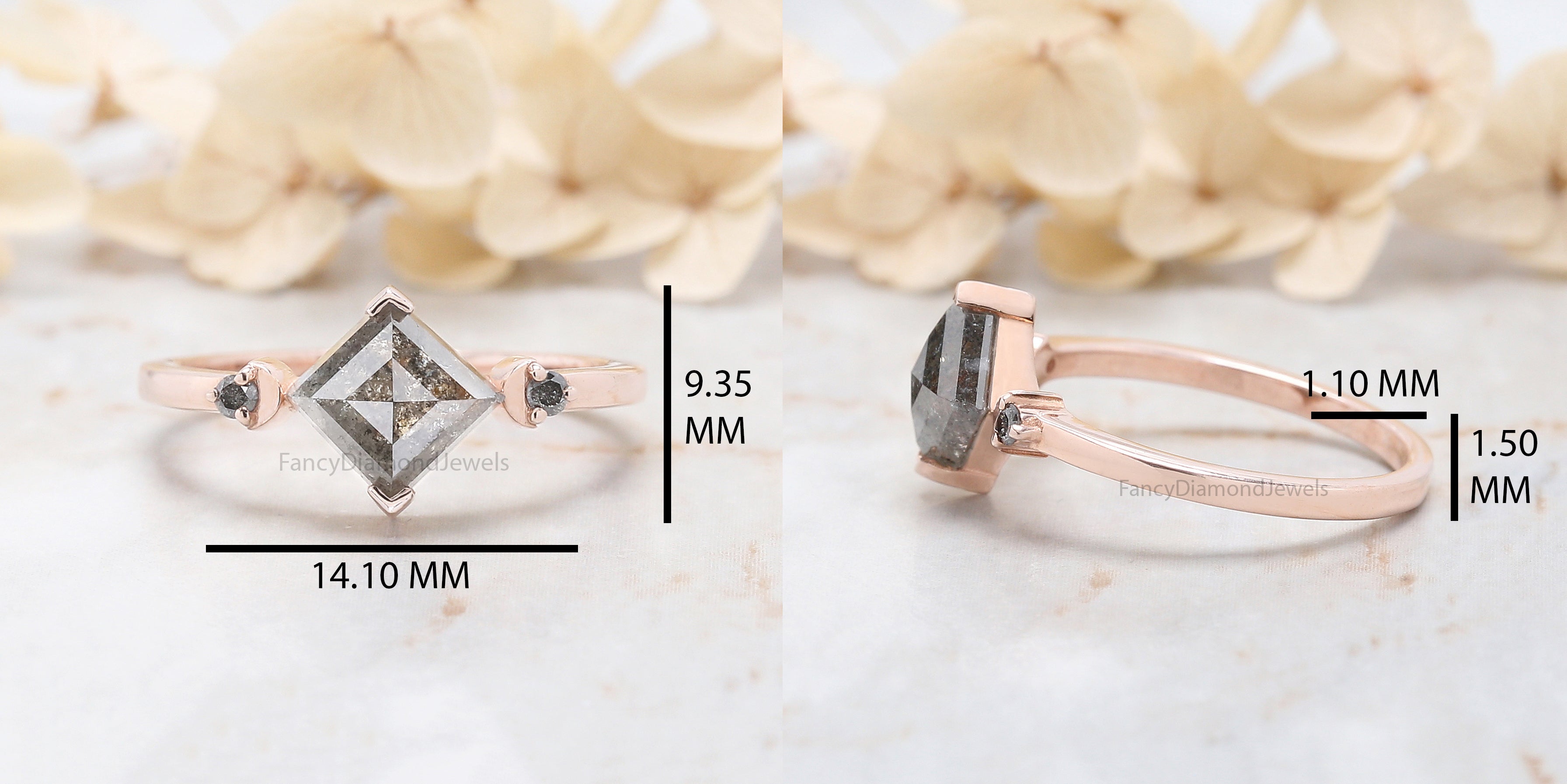 Kite Cut Salt And Pepper Diamond Ring 1.41 Ct 8.30 MM Kite Diamond Ring 14K Solid Rose Gold Silver Kite Engagement Ring Gift For Her QL1330