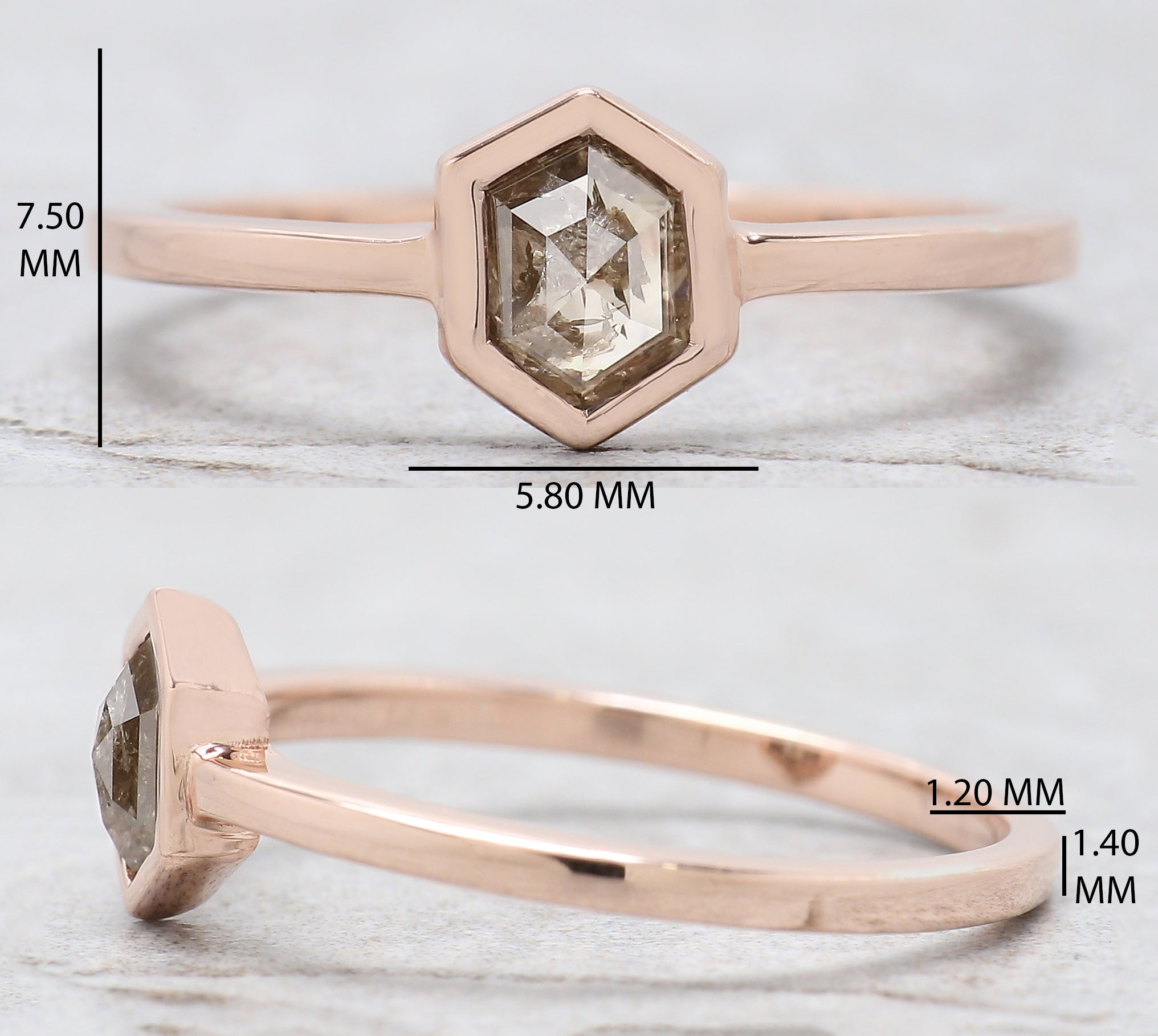 Hexagon Salt And Pepper Diamond Ring 0.57 Ct 5.75 MM Hexagon Cut Diamond Ring 14K Solid Rose Gold Silver Engagement Ring Gift For Her QN534