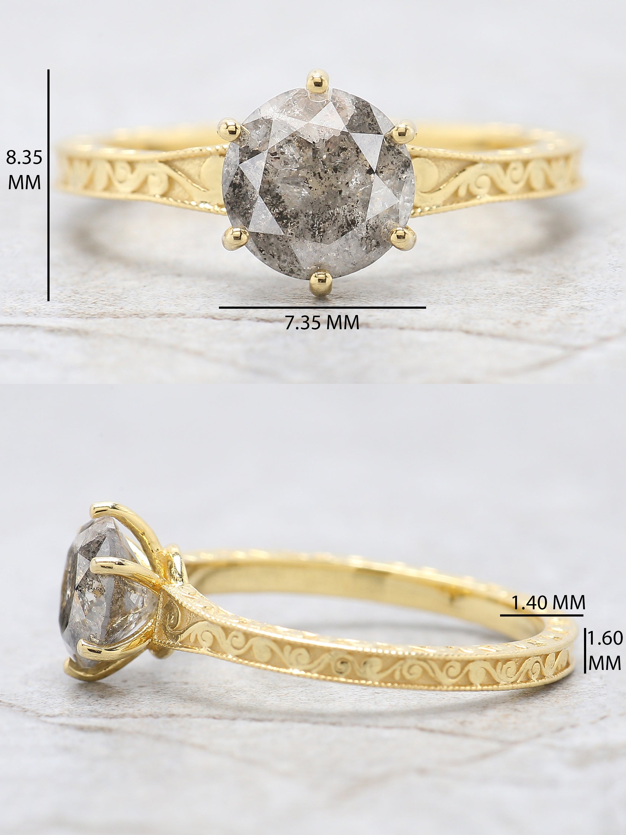 Round Cut Salt And Pepper Diamond Ring 1.35 Ct 7.00 MM Round Diamond Ring 14K Solid Yellow Gold Silver Engagement Ring Gift For Her QL433