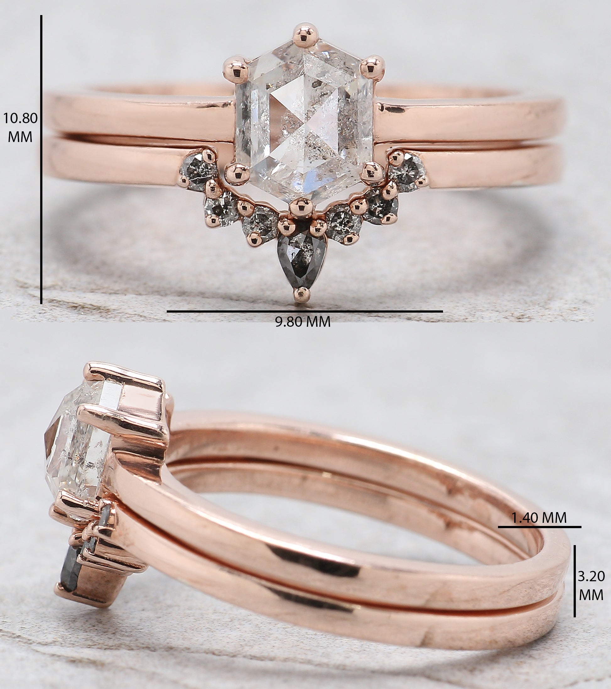 Hexagon Cut Salt And Pepper Diamond Ring 1.08 Ct 6.67 MM Hexagon Cut Diamond Ring 14K Rose Gold Silver Engagement Ring Gift For Her QL2576