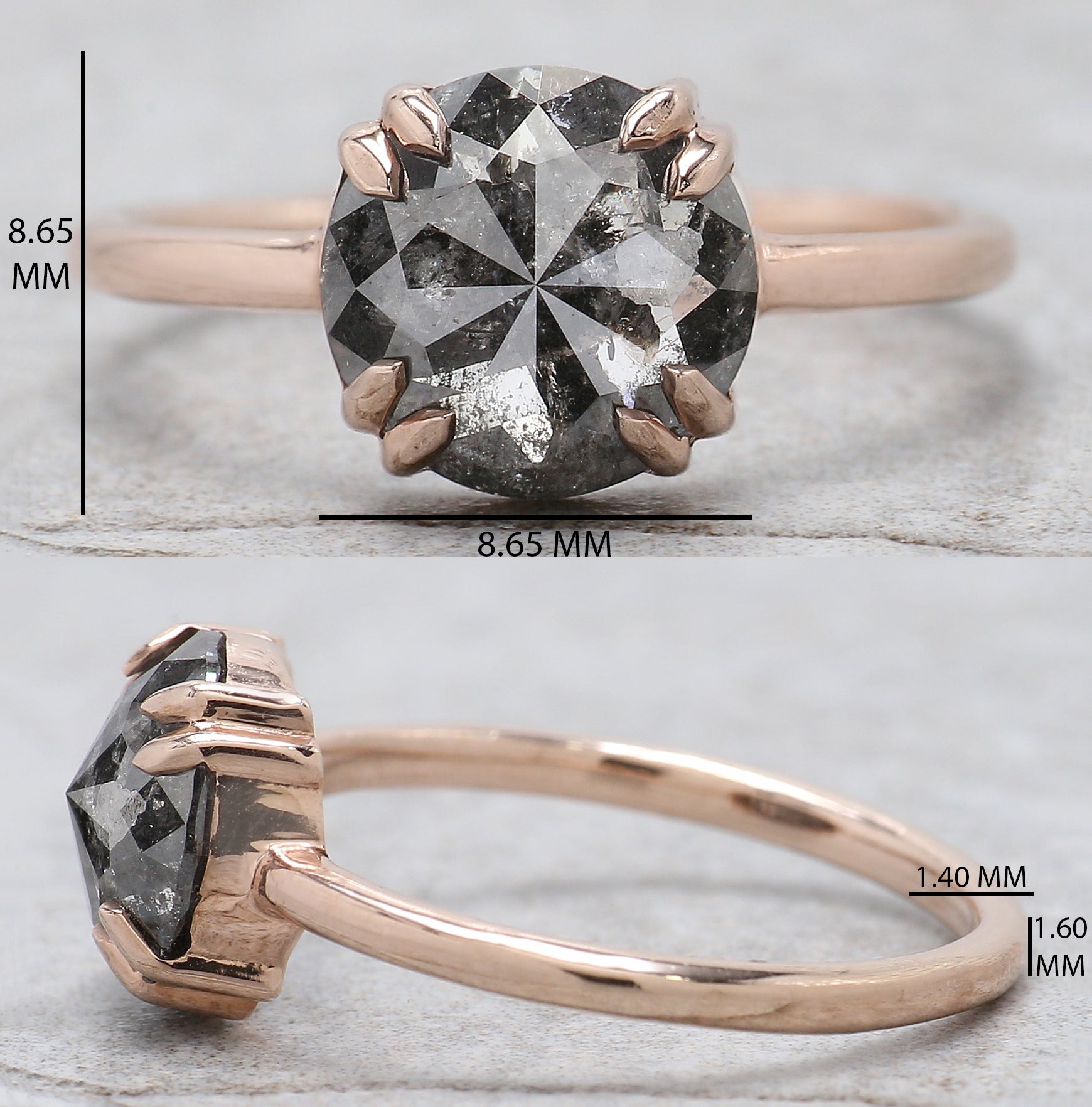Round Rose Cut Salt And Pepper Diamond Ring 2.32 Ct 8.54 MM Round Diamond Ring 14K Rose Gold Silver Engagement Ring Gift For Her QL2435