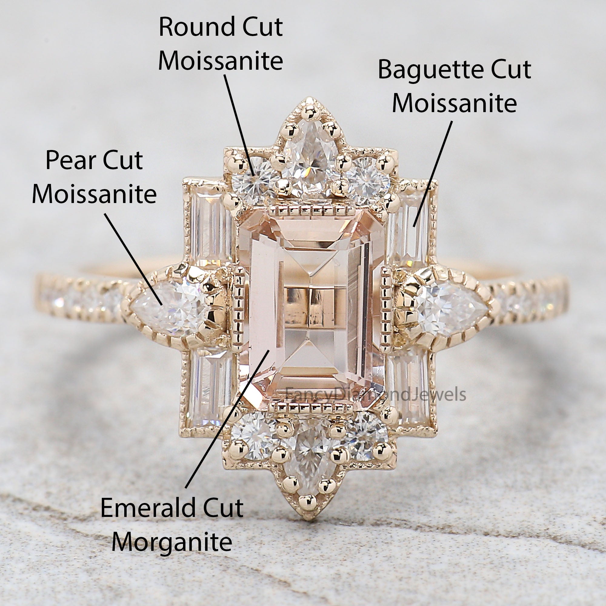 0.85 CT Emerald Cut Vintage Morganite Engagement Ring Baguette wedding ring Unique art deco ring Pear halo ring Starburst ring For Her FD294