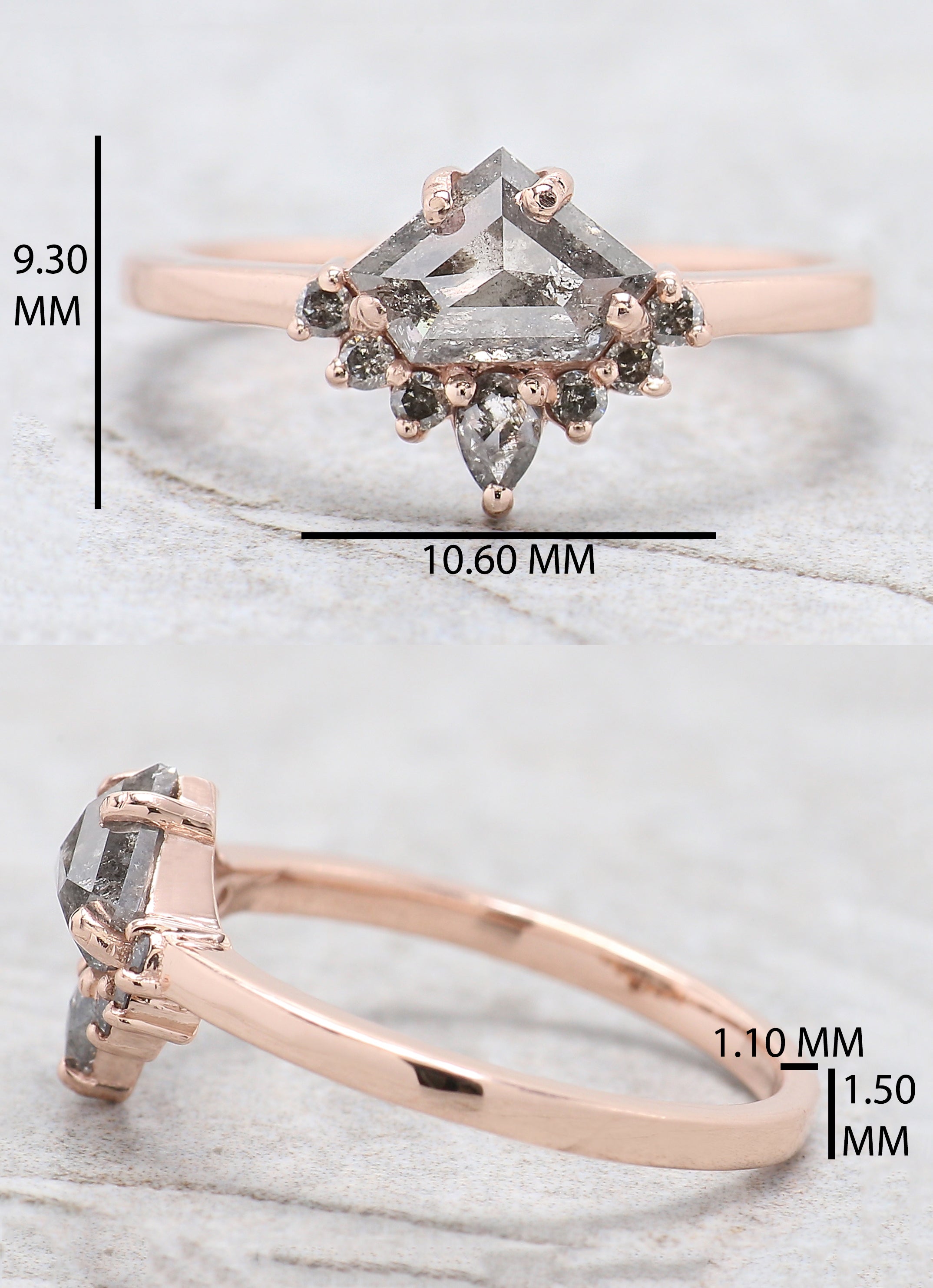 Shield Cut Salt And Pepper Diamond Ring 0.86 Ct 5.35 MM Shield Diamond Ring 14K Solid Rose Gold Silver Engagement Ring Gift For Her QN909