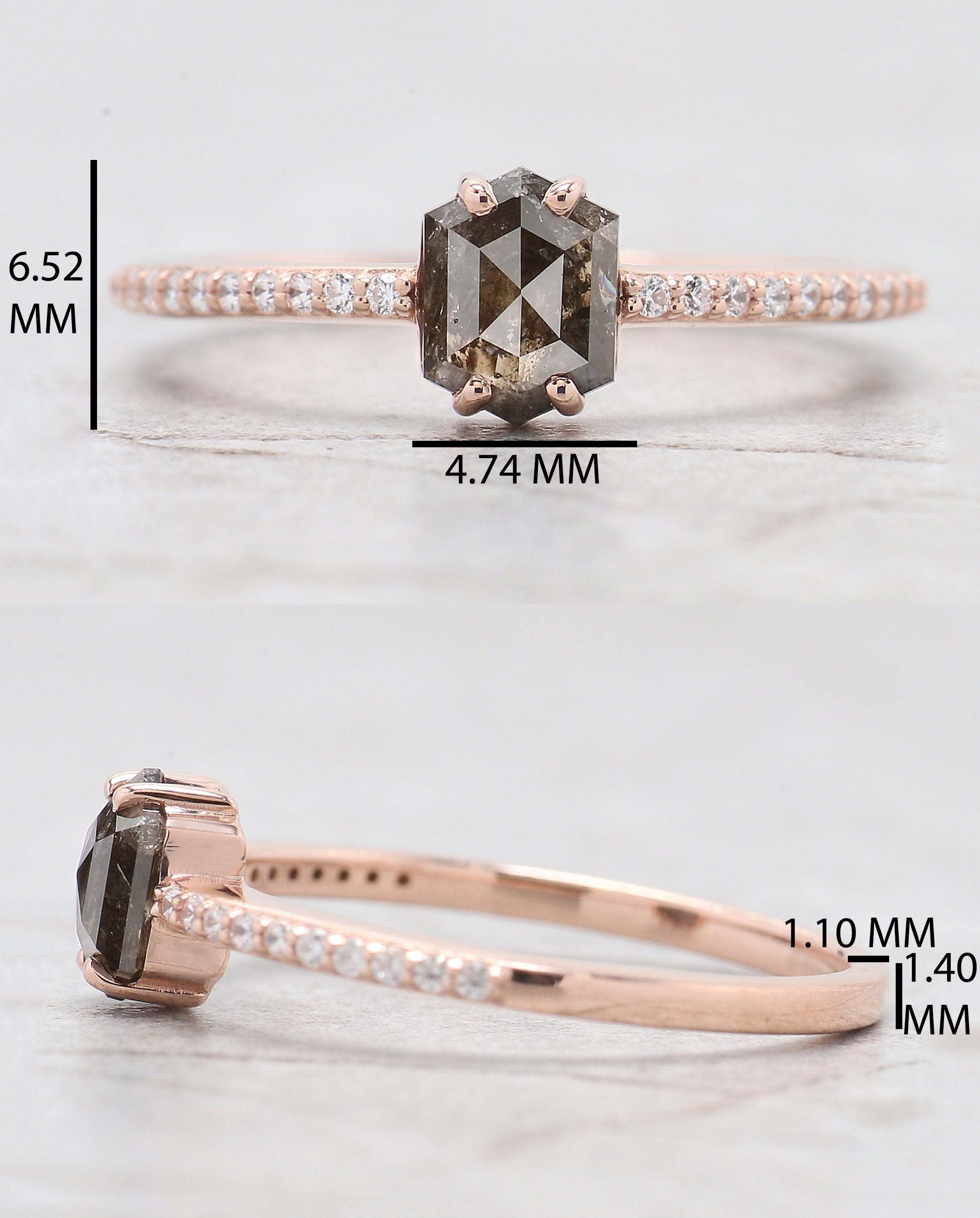 Hexagon Cut Salt And Pepper Diamond Ring 0.65 Ct 6.30 MM Hexagon Cut Diamond Ring 14K Rose Gold Silver Engagement Ring Gift For Her QK2330