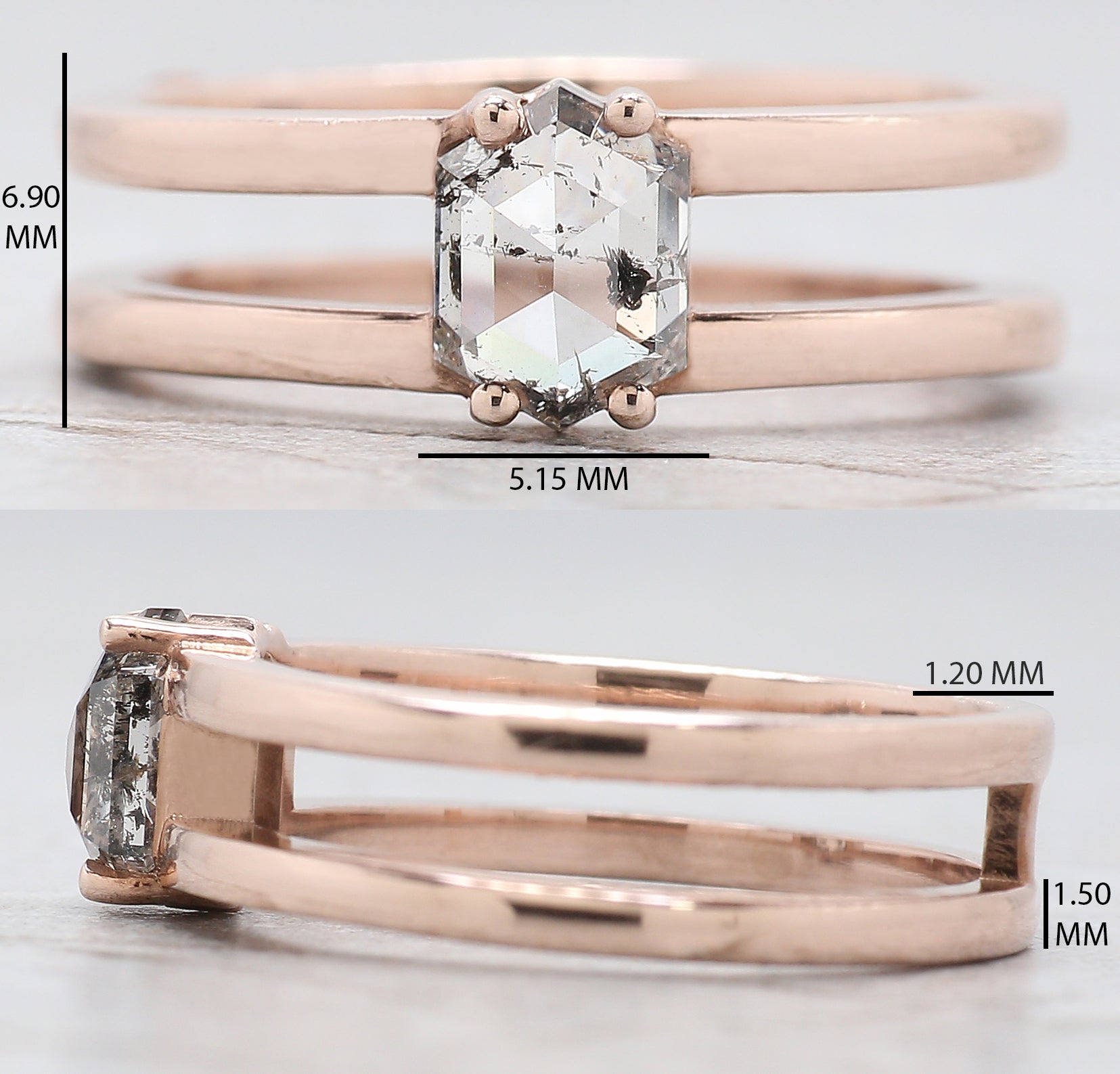 Hexagon Cut Salt And Pepper Diamond Ring 1.03 Ct 6.70 MM Hexagon Diamond Ring 14K Rose Gold Silver Engagement Ring Gift For Her QL2682