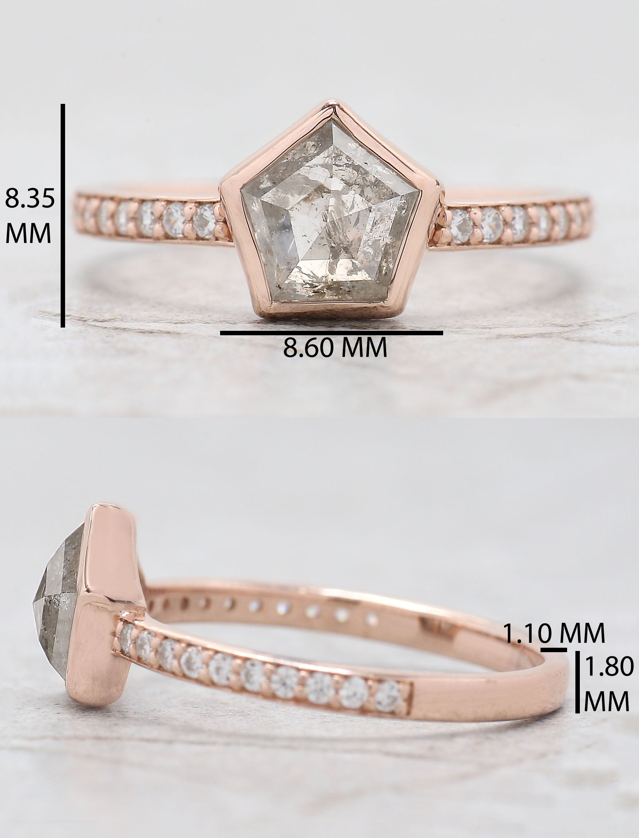 Pentagon Salt And Pepper Diamond Ring 1.28 Ct 6.75 MM Pentagon Diamond Ring 14K Solid Rose Gold Silver Engagement Ring Gift For Her QL9877