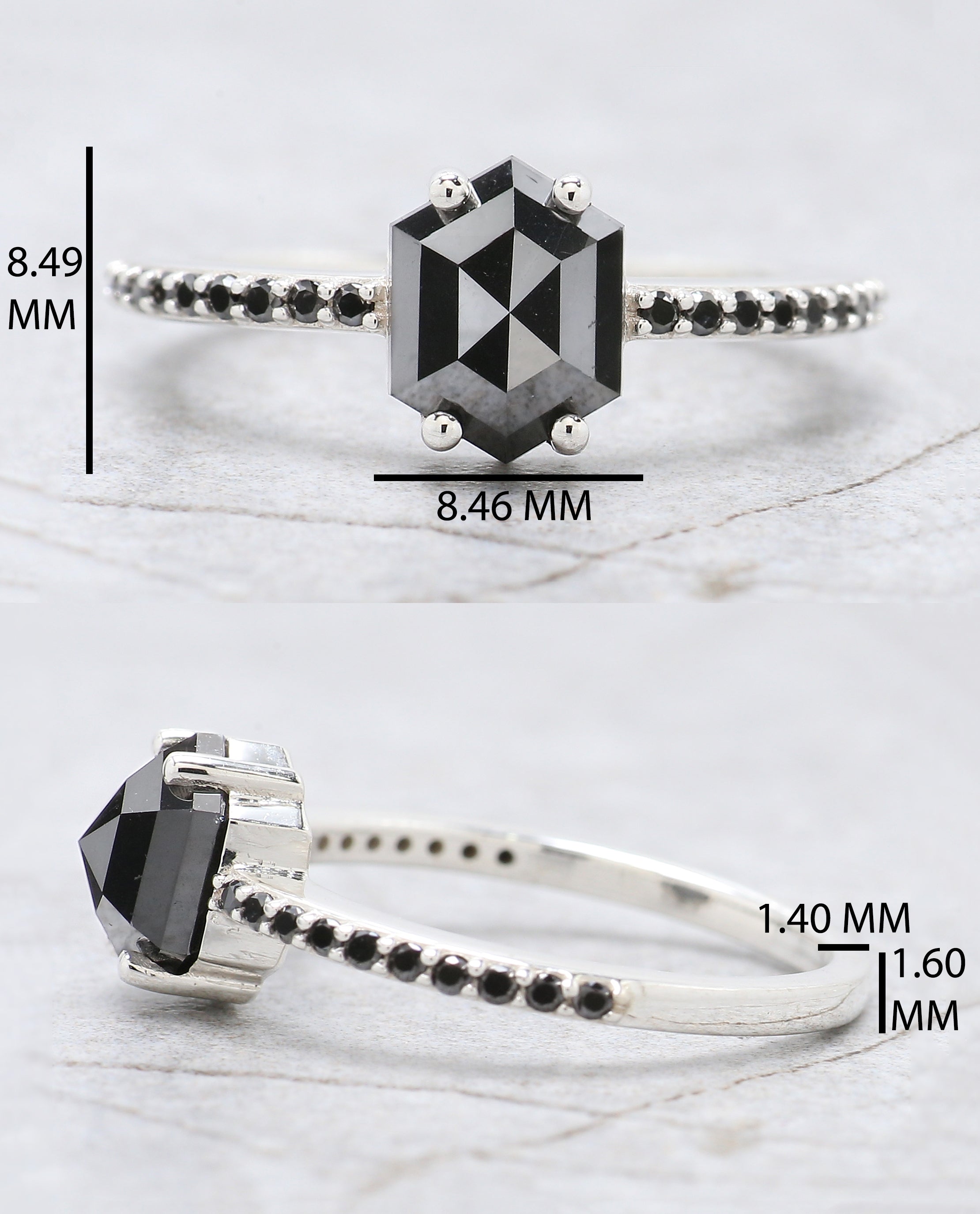 Hexagon Shape Black Color Diamond Ring 1.93 Ct 8.25 MM Hexagon Diamond Ring 14K Solid White Gold Silver Engagement Ring Gift For Her QN528