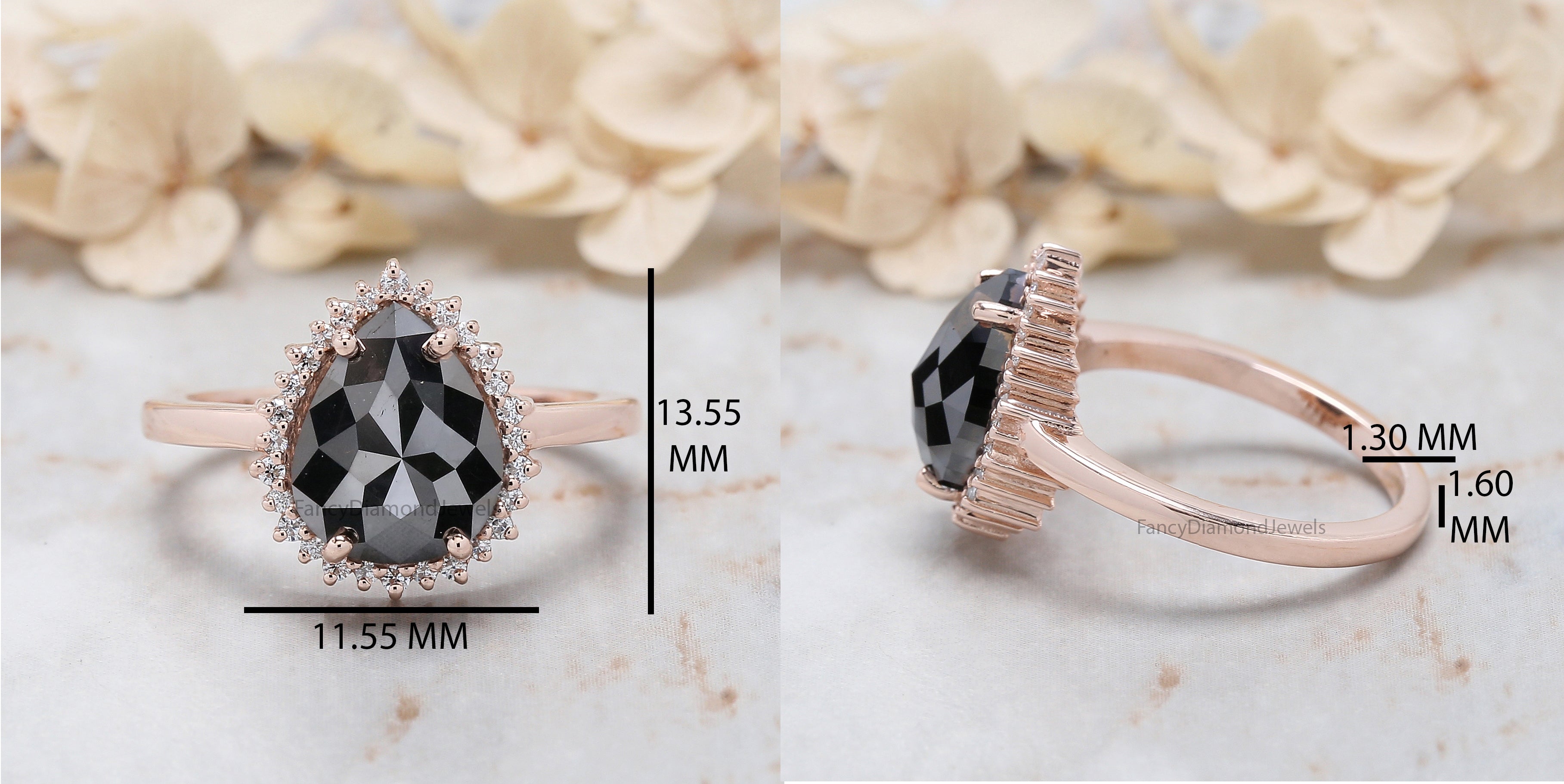 Pear Shape Black Color Diamond Ring 2.67 Ct 10.30 MM Pear Cut Diamond Ring 14K Solid Rose Gold Silver Engagement Ring Gift For Her QL3113