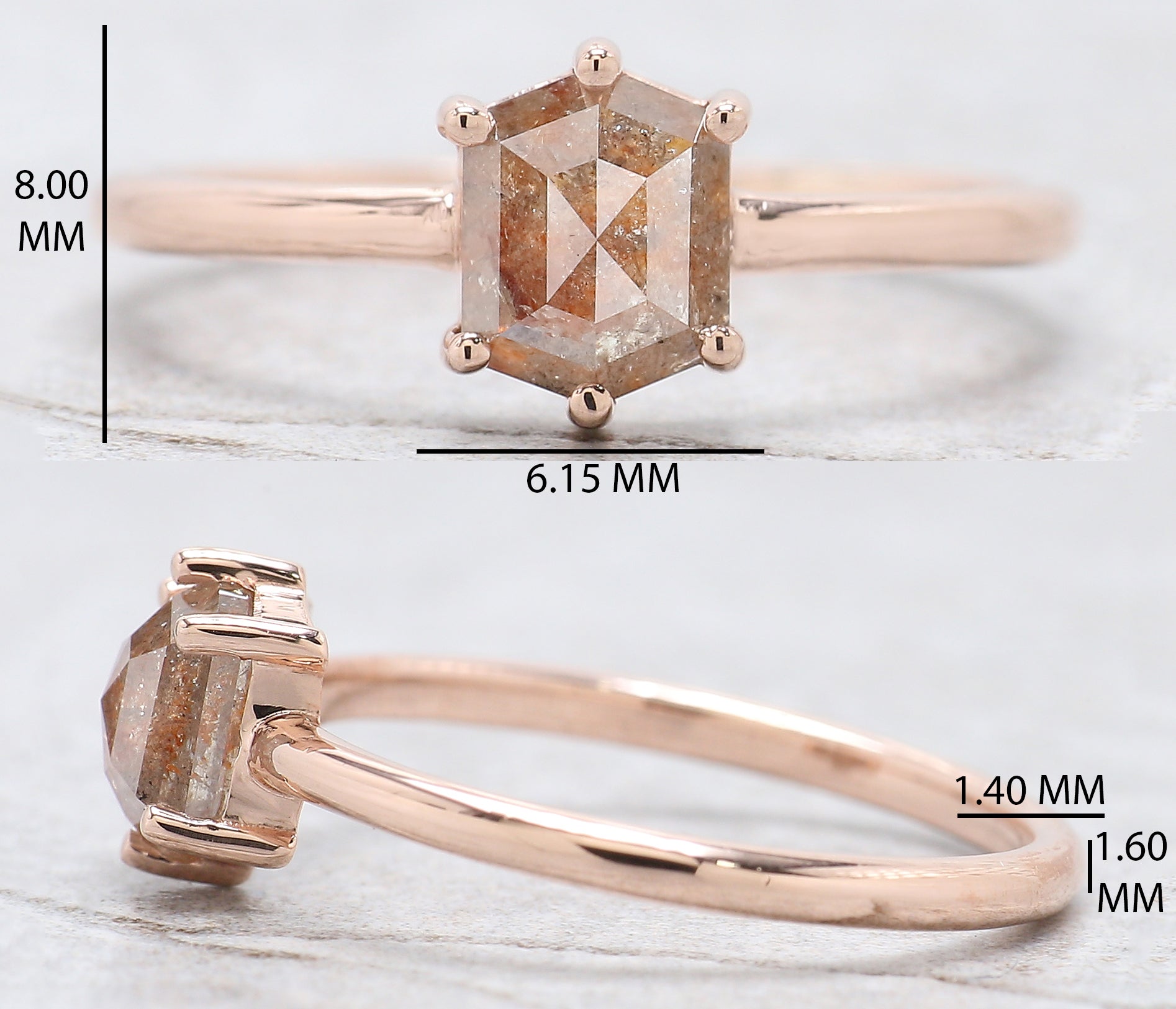 Hexagon Brown Color Diamond Ring 1.16 Ct 6.54 MM Hexagon Shape Diamond Ring 14K Solid Rose Gold Silver Engagement Ring Gift For Her QN2181