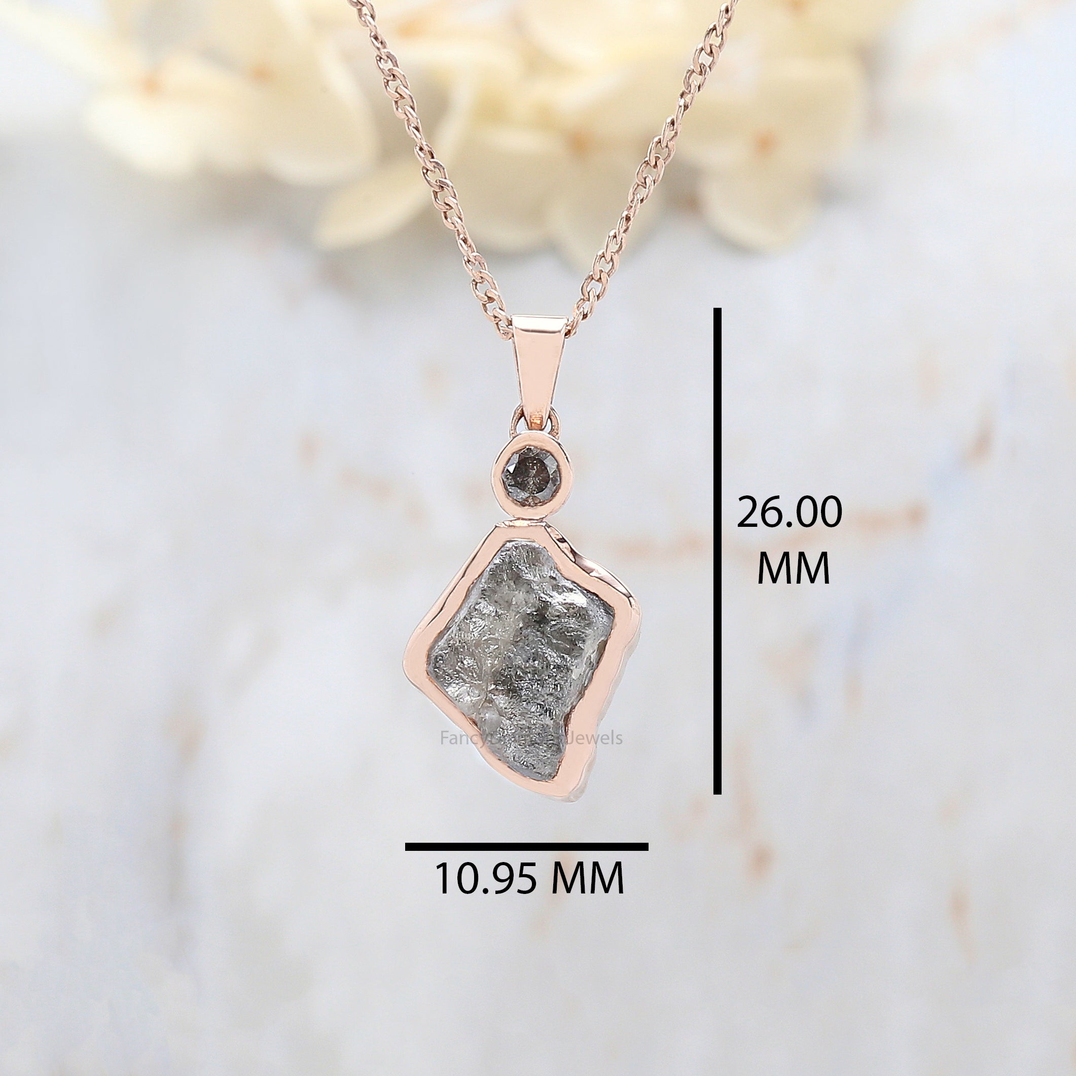 Rough Salt And Pepper Diamond Pendant 5.42 Ct 12.30 MM Rough Diamond Pendant 14KSolid Rose Gold Silver Engagement Pendant Gift For Her QL6022