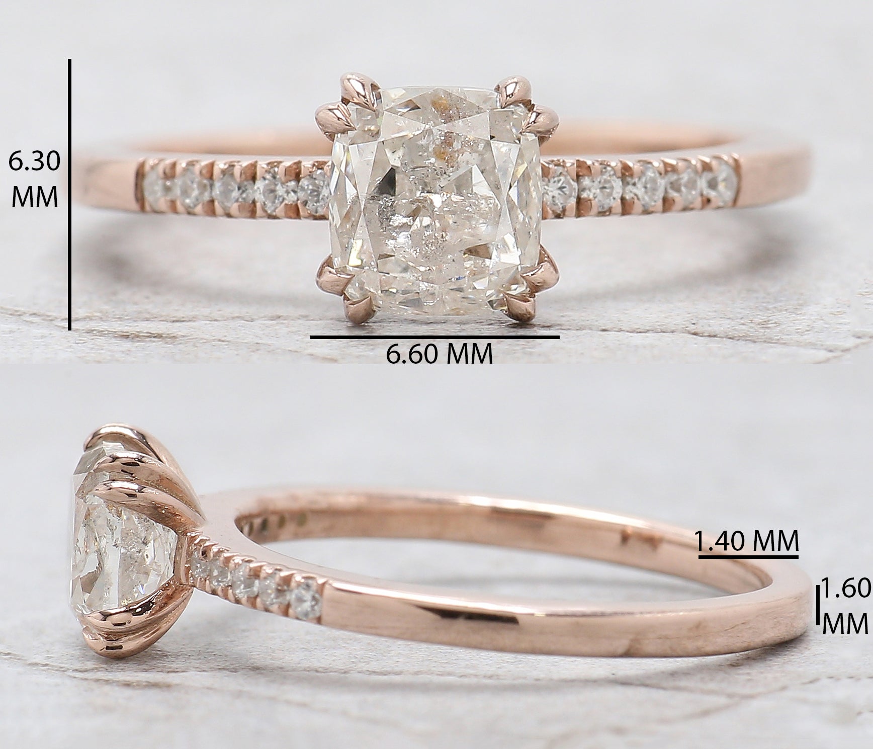 Cushion Cut Salt And Pepper Diamond Ring 1.21 Ct 5.97 MM Cushion Diamond Ring 14K Rose Gold Silver Engagement Ring Gift For Her QL2583